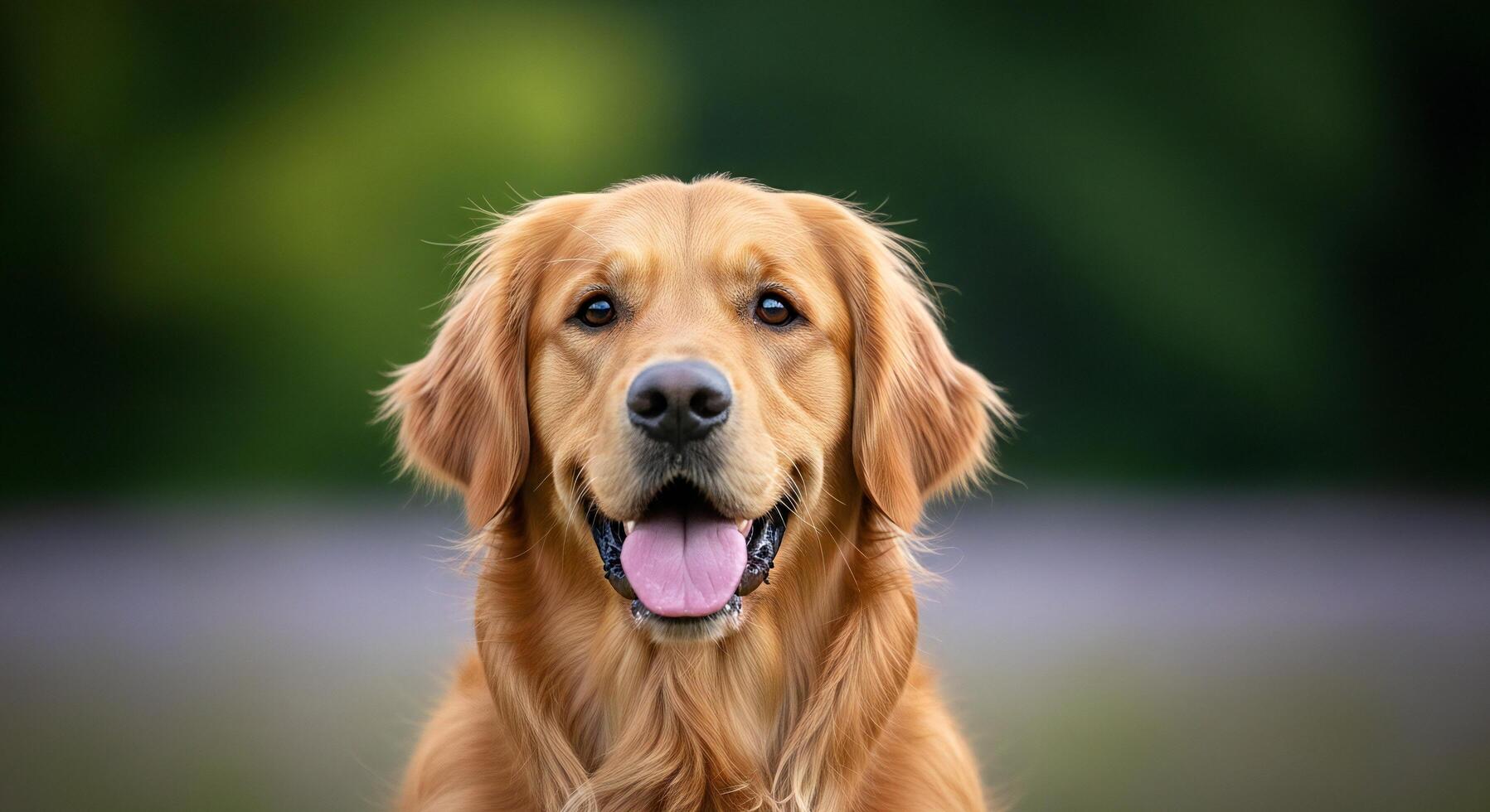 1797x980 Dog background, Dog wallpaper, A happy golden retriever dog with its tongue out sitting outdoors with blurred green foliage background