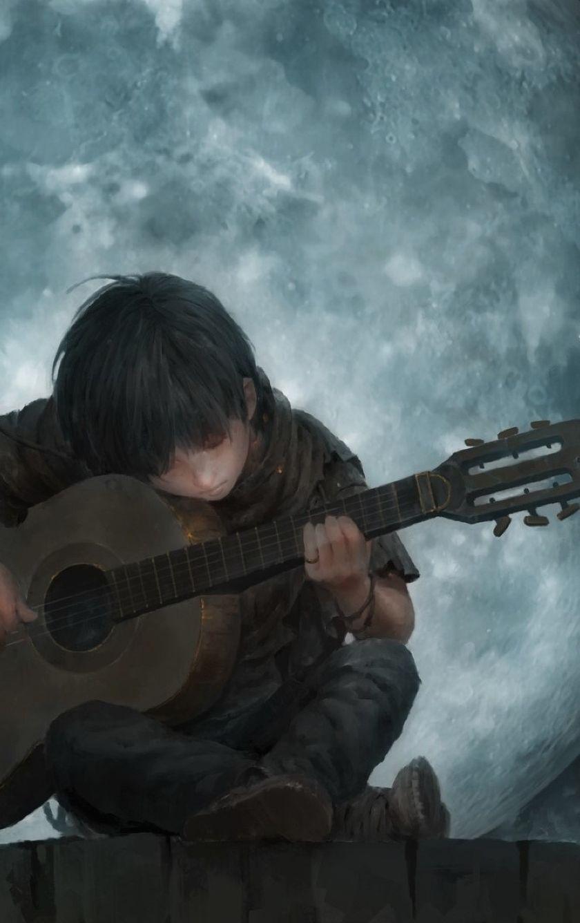 840x1336 Little Boy On Full Moon Night Playing Guitar Art 840x1336