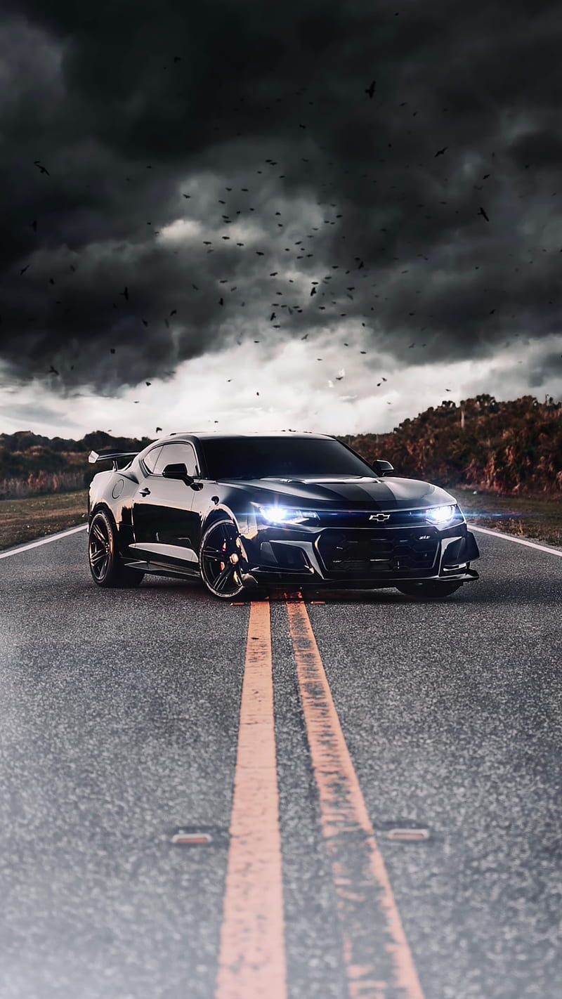 800x1422 Dark Car, black, chevrolet, clouds, lights, road, smoke, sport, HD phone wallpaper