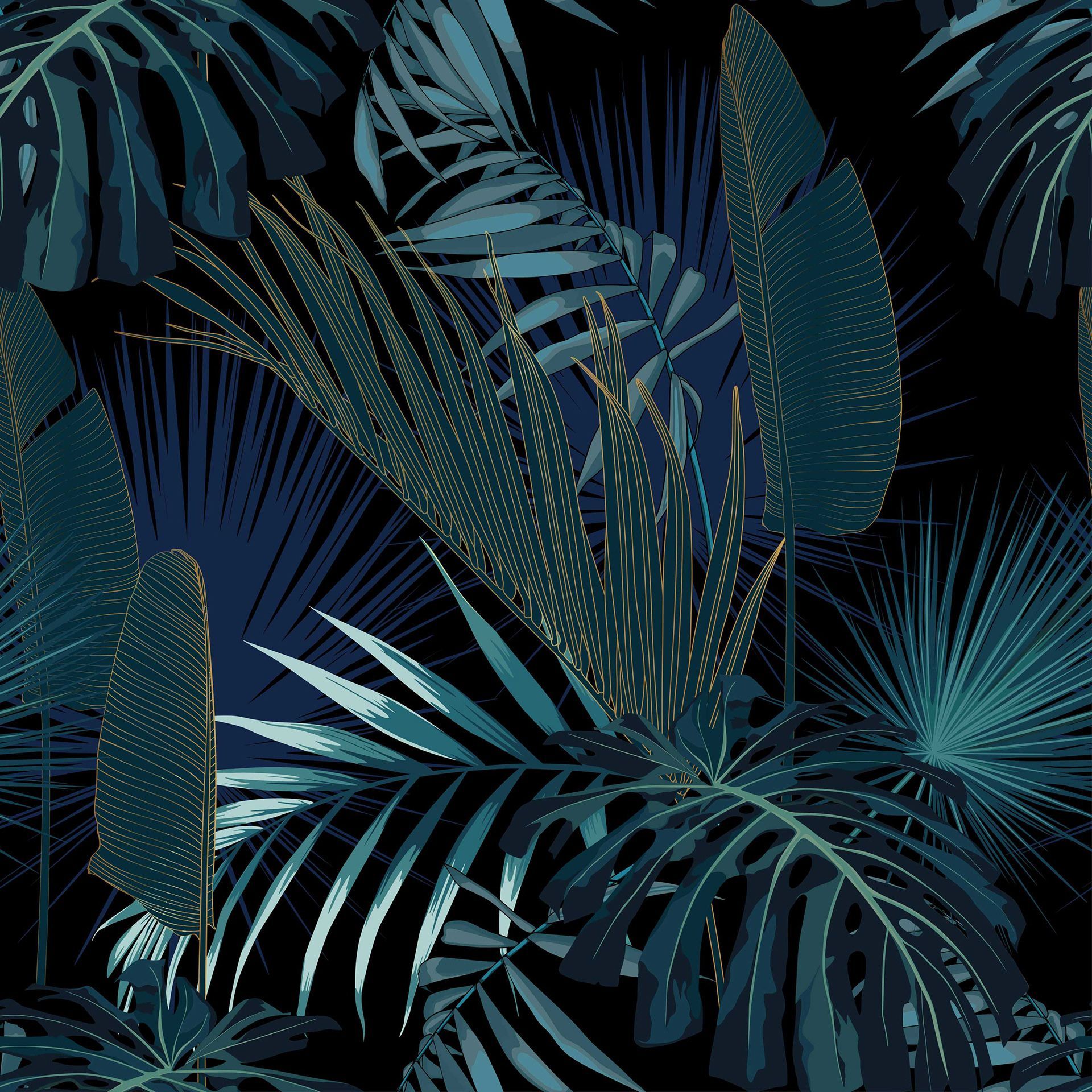 1920x1920 Tropical night vintage palm, banana, plant, golden leaves, floral seamless background. (2). Image - Behance