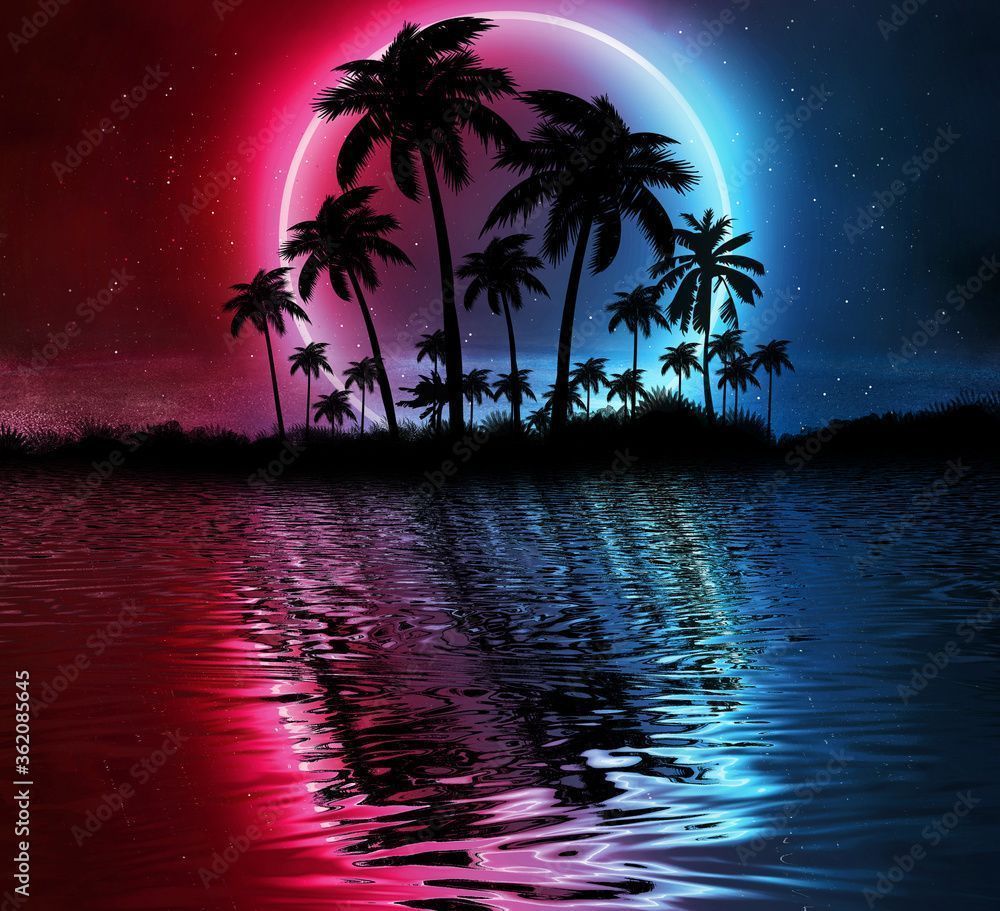 1000x911 Abstract modern futuristic dark landscape with tropical palm trees, neon lights, rays. Reflection in the water, night view, abstract tropical background. 3D illustration Stock Illustration