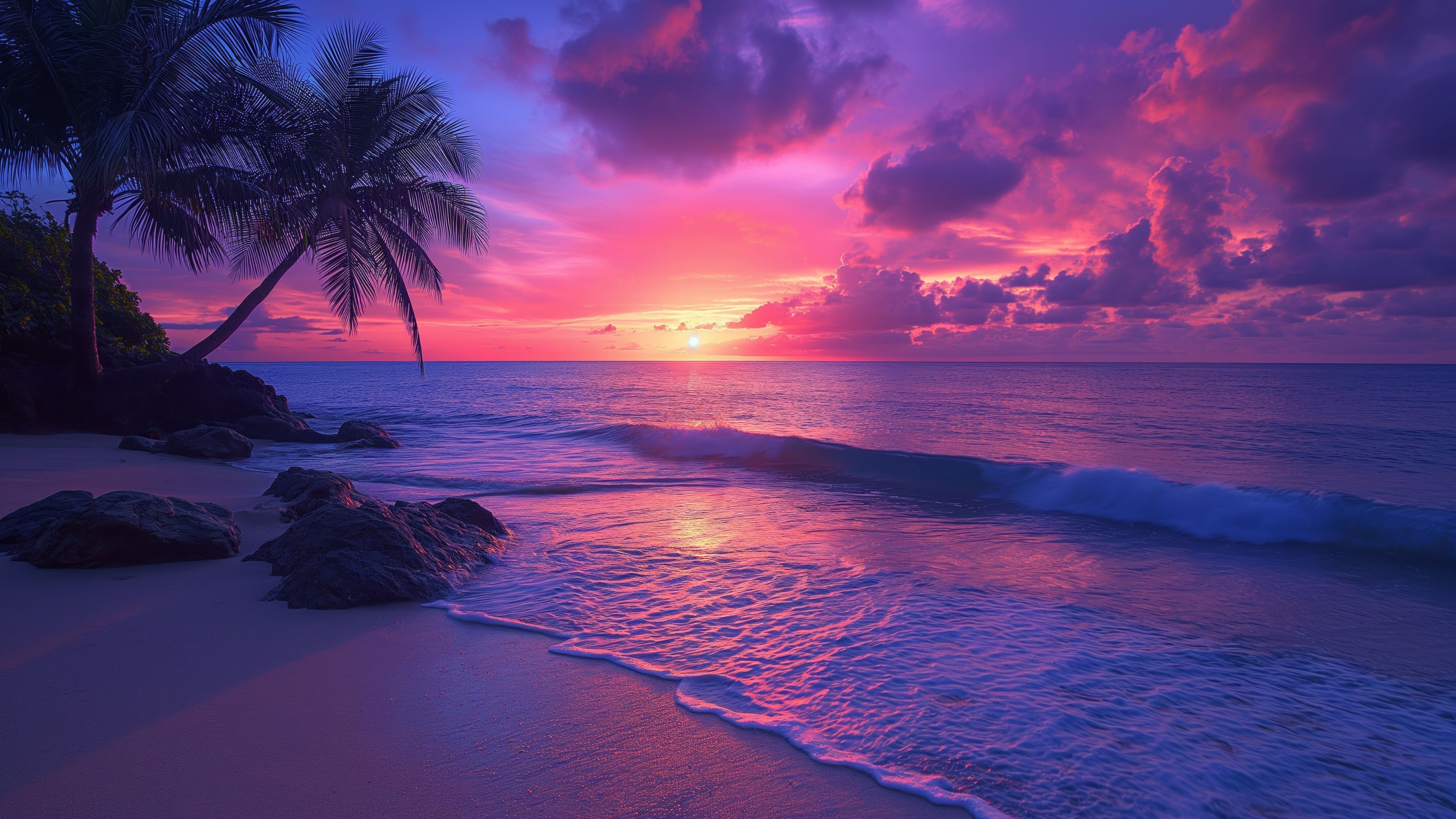 3840x2160 Tropical beach Wallpaper 4K, Aesthetic, Sunset, Purple sky