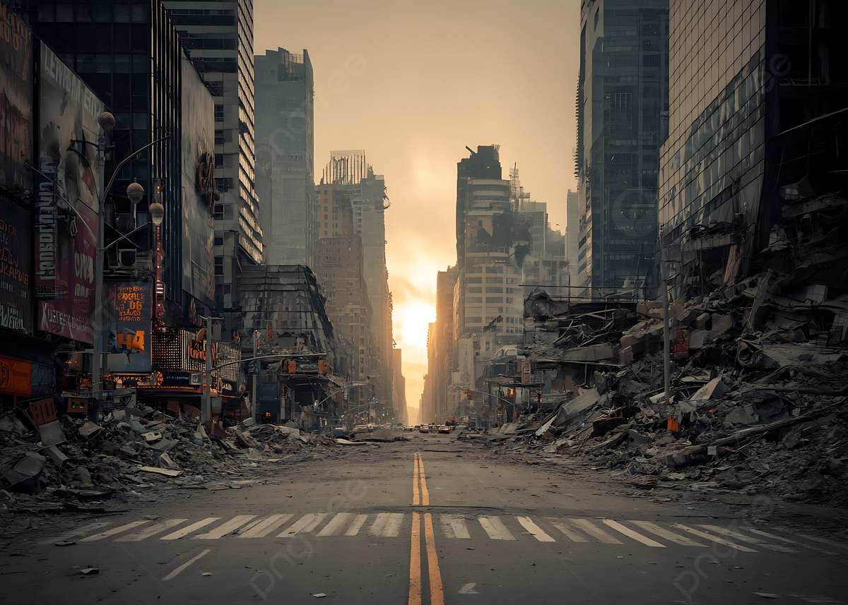 1200x857 Sunset Over Devastated Post Apocalyptic City Street With Ruined Skyscs And A Haunting Urban Landscape Background, Sunset, Apocalyptic, City Background Image And Wallpaper for Free Download