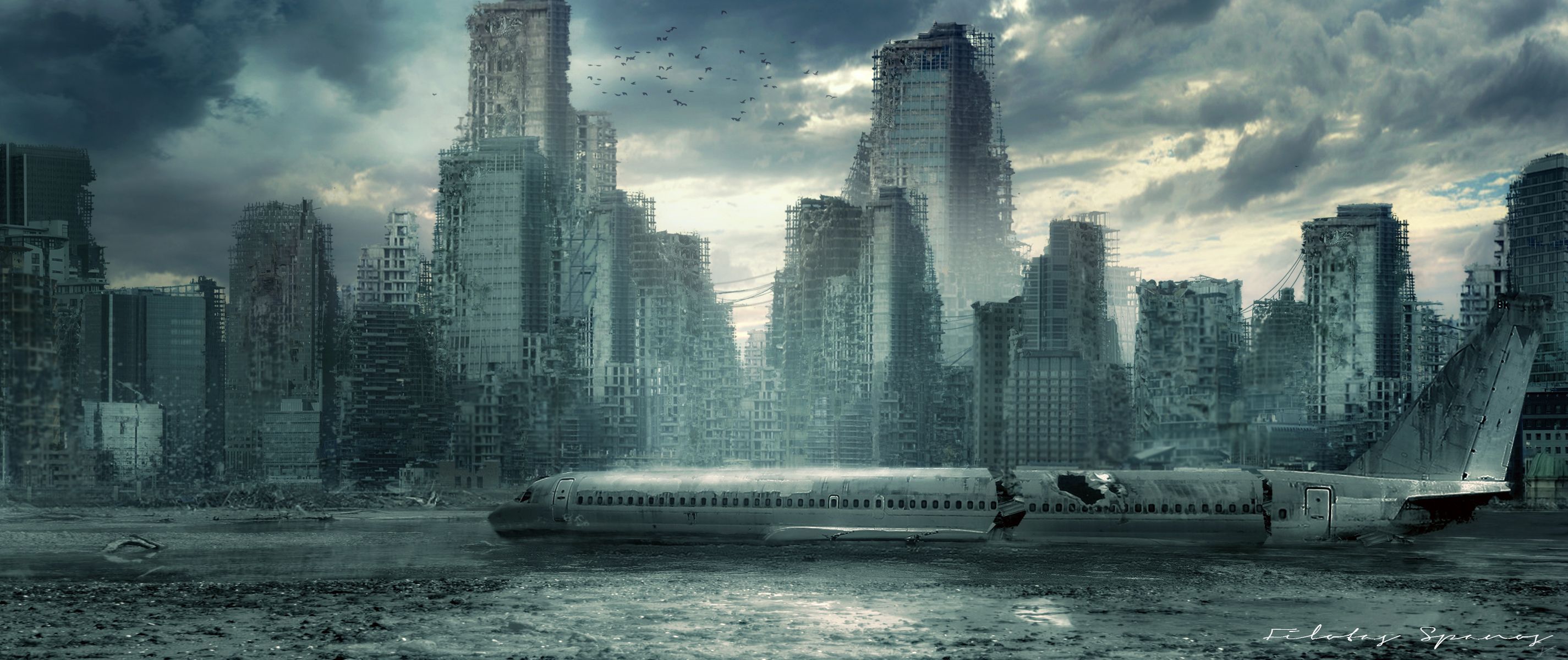2850x1200 Phone wallpaper: Post Apocalyptic, Sci Fi, Aircraft, City, Ruin, Skyscraper, Wreck 876778