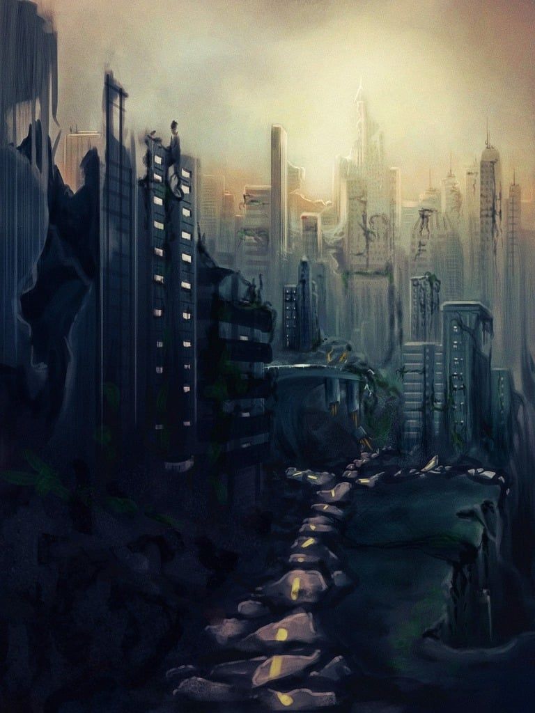 768x1024 Apocalypse post apocalyptic apocalyptic building. A painting of a city with a river running through it Domain Media Search Engine Public Domain Search