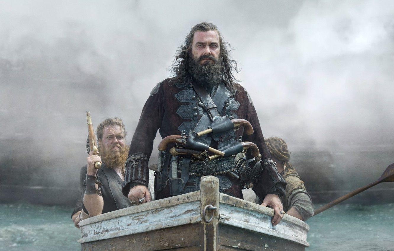 1332x850 Wallpaper boat, guns, pirates, Ray Stevenson, Blackbeard, black