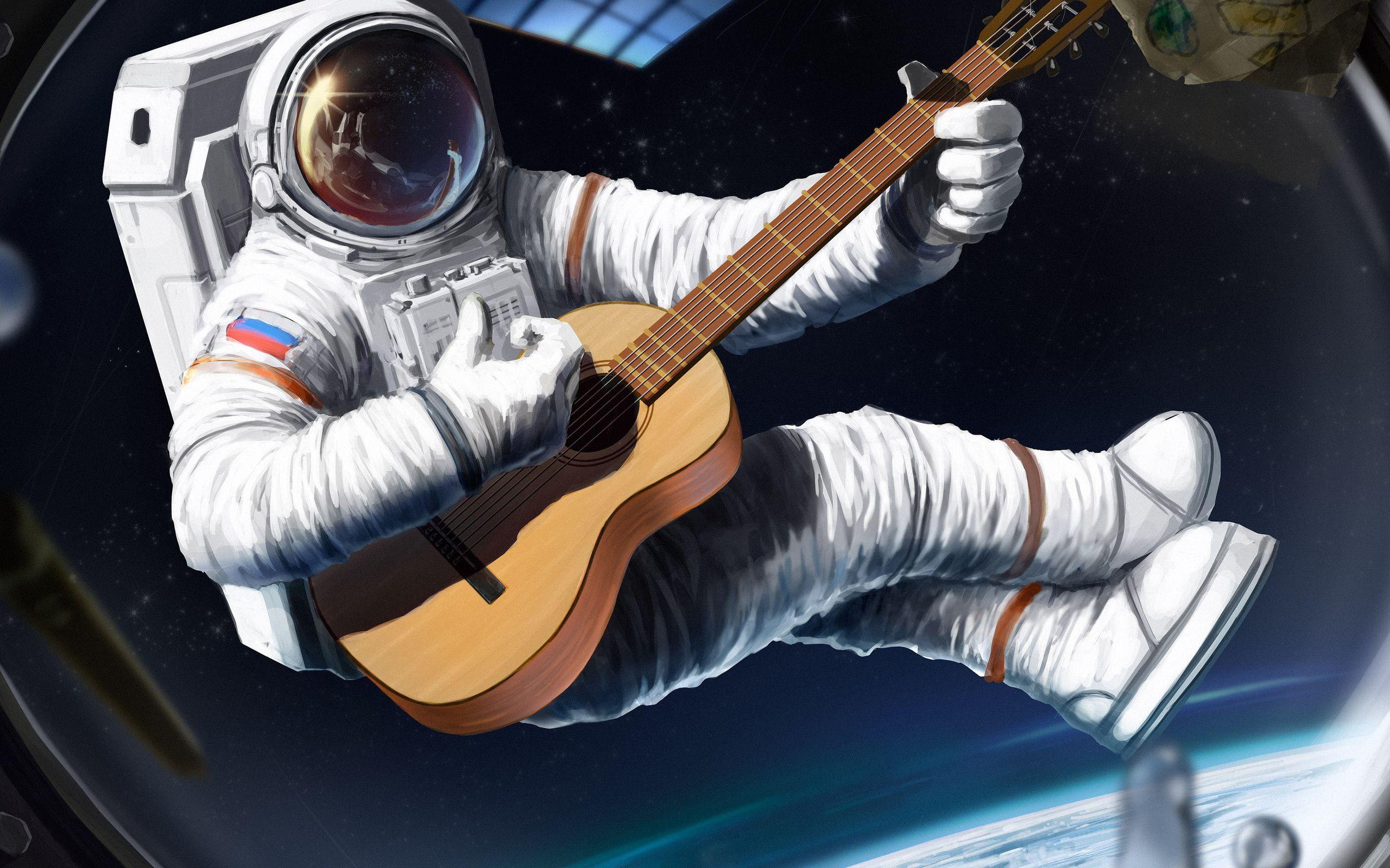 2560x1600 ship, porthole, astronaut, art, space, guitar desktop