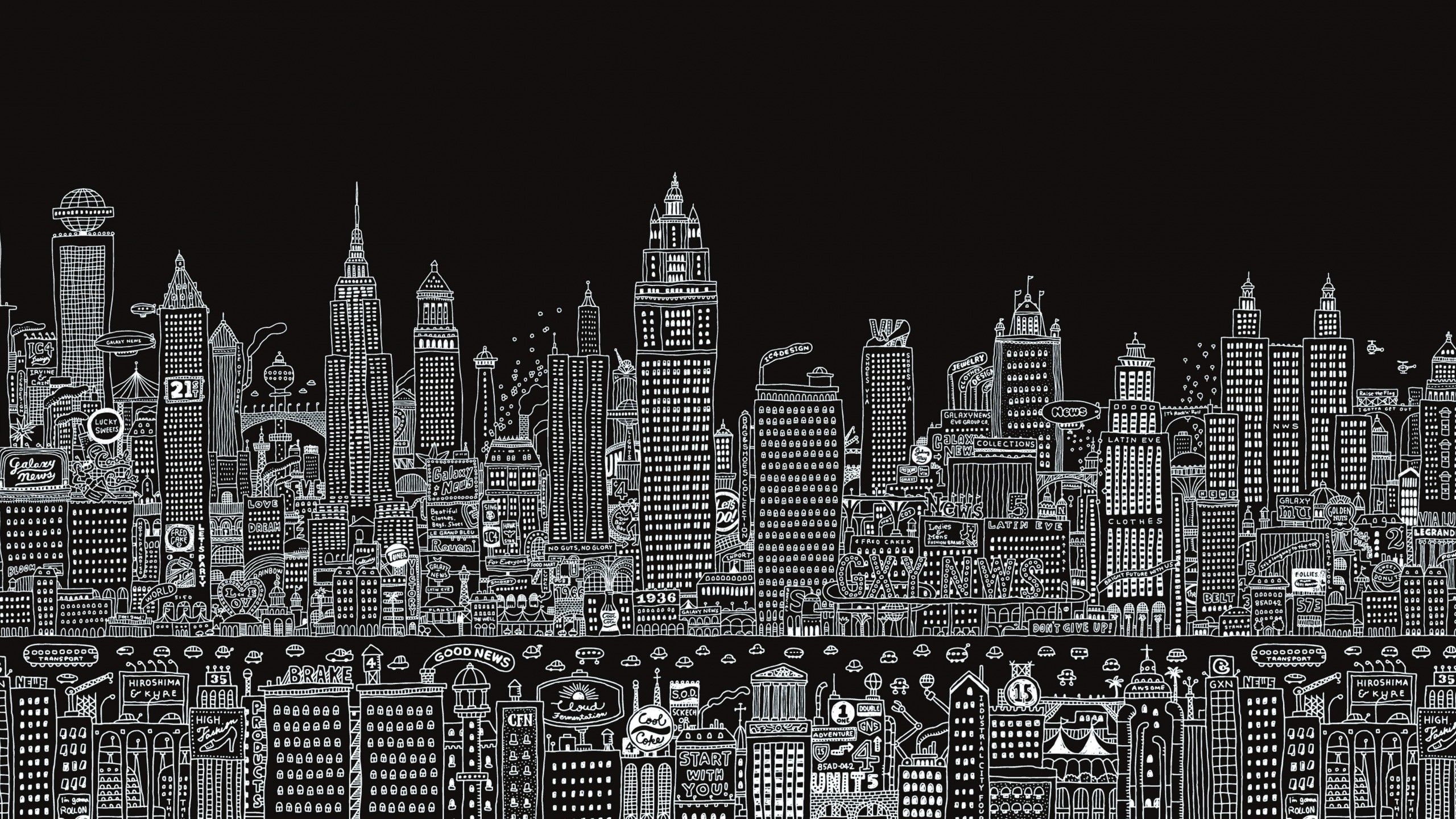 2560x1440 dark background, digital art, drawing, cityscape, simple background, monochrome, city, HD Wallpaper