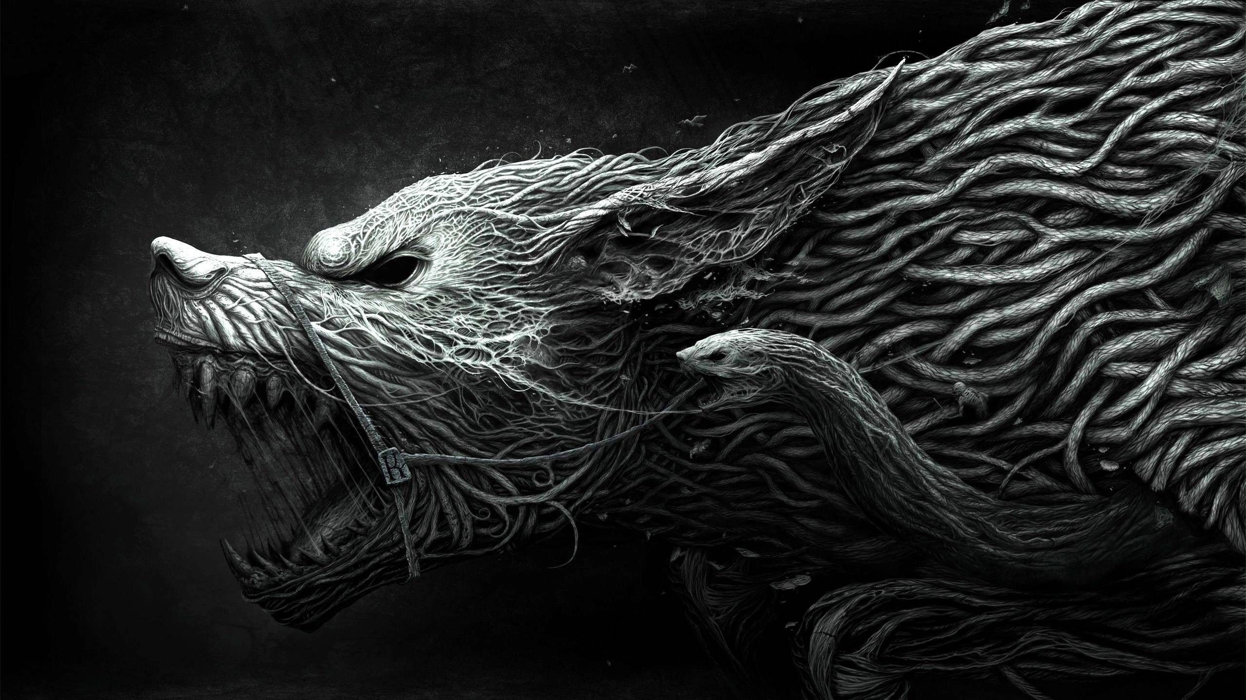 2560x1440 drawing, black, monochrome, fantasy art, darkness, wing, sketch, black and white, monochrome photography, HD Wallpaper