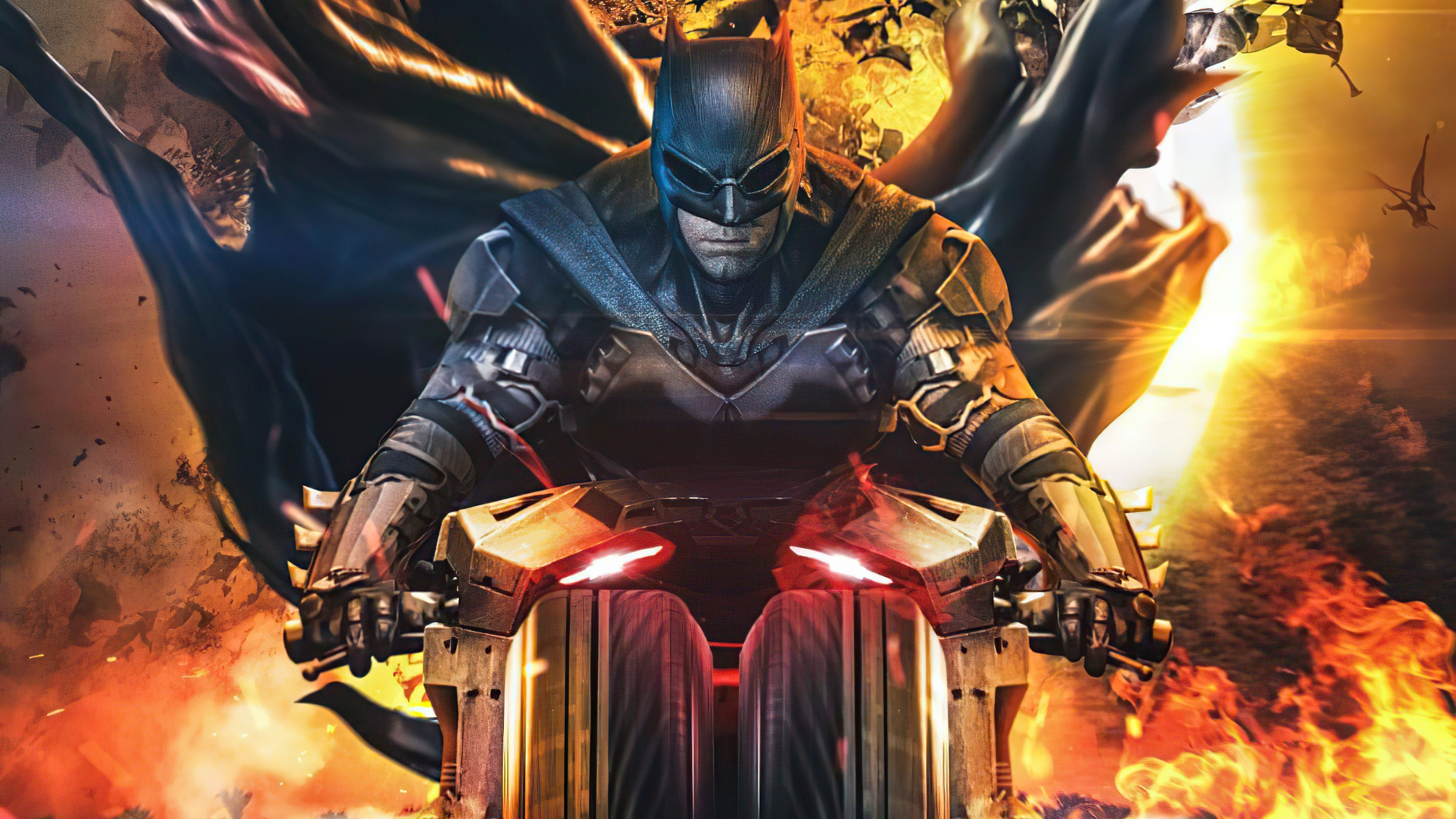 5120x2880 The Batman On Bike In Fiery Background 4K 5K HD Batman Wallpaper