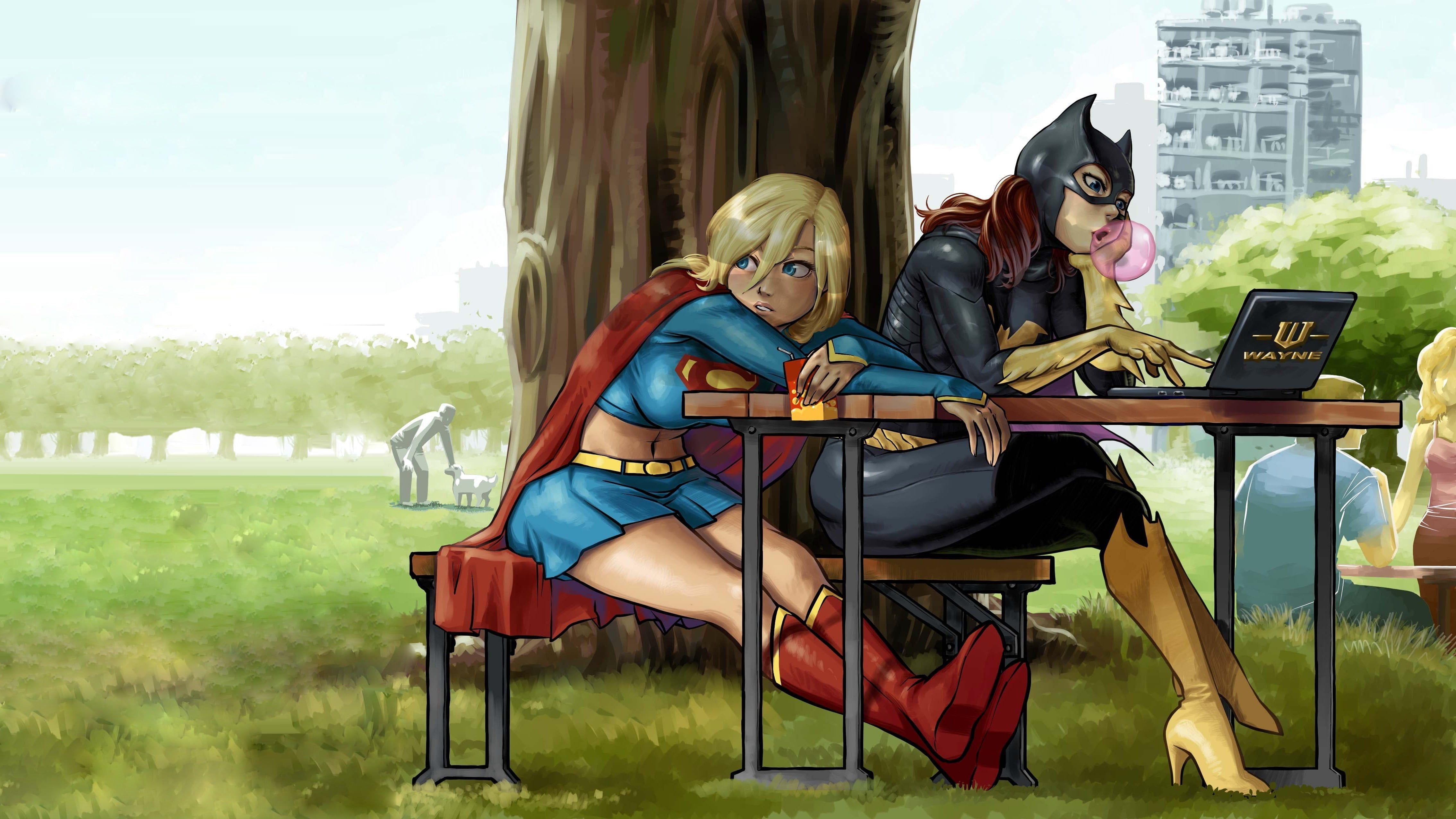 4537x2552 Supergirl and Batgirl painting HD wallpaper