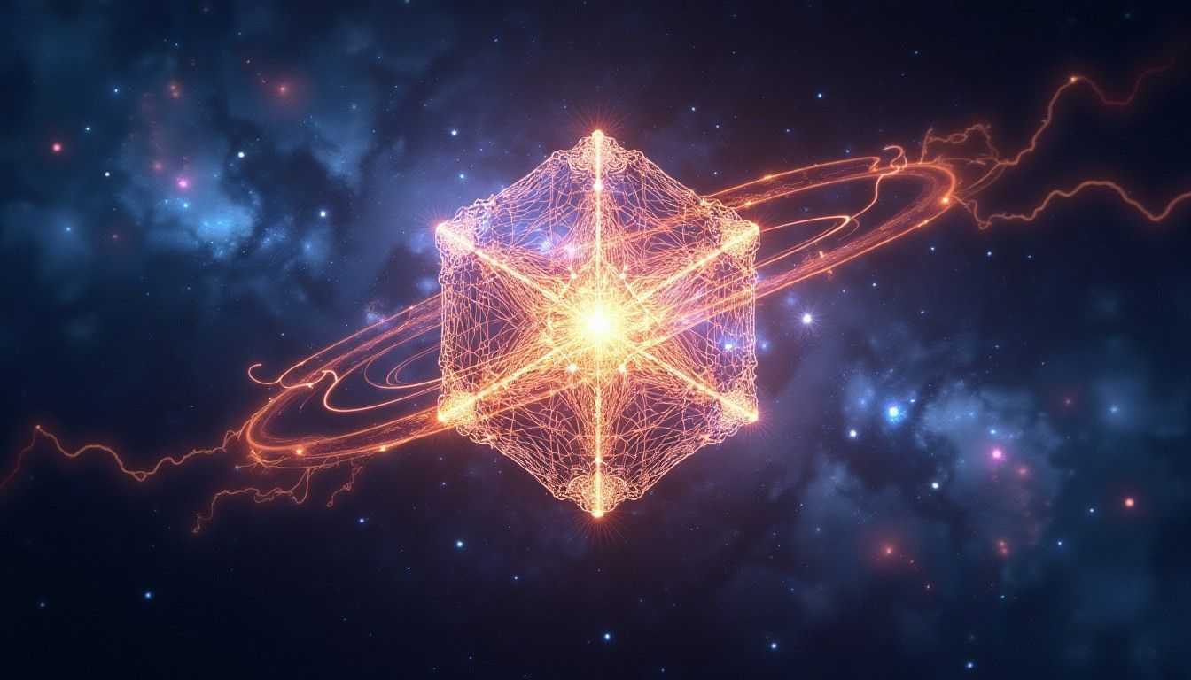 1344x768 Glowing 5D Hypercube in Cosmic Background. Stable Diffusion Online