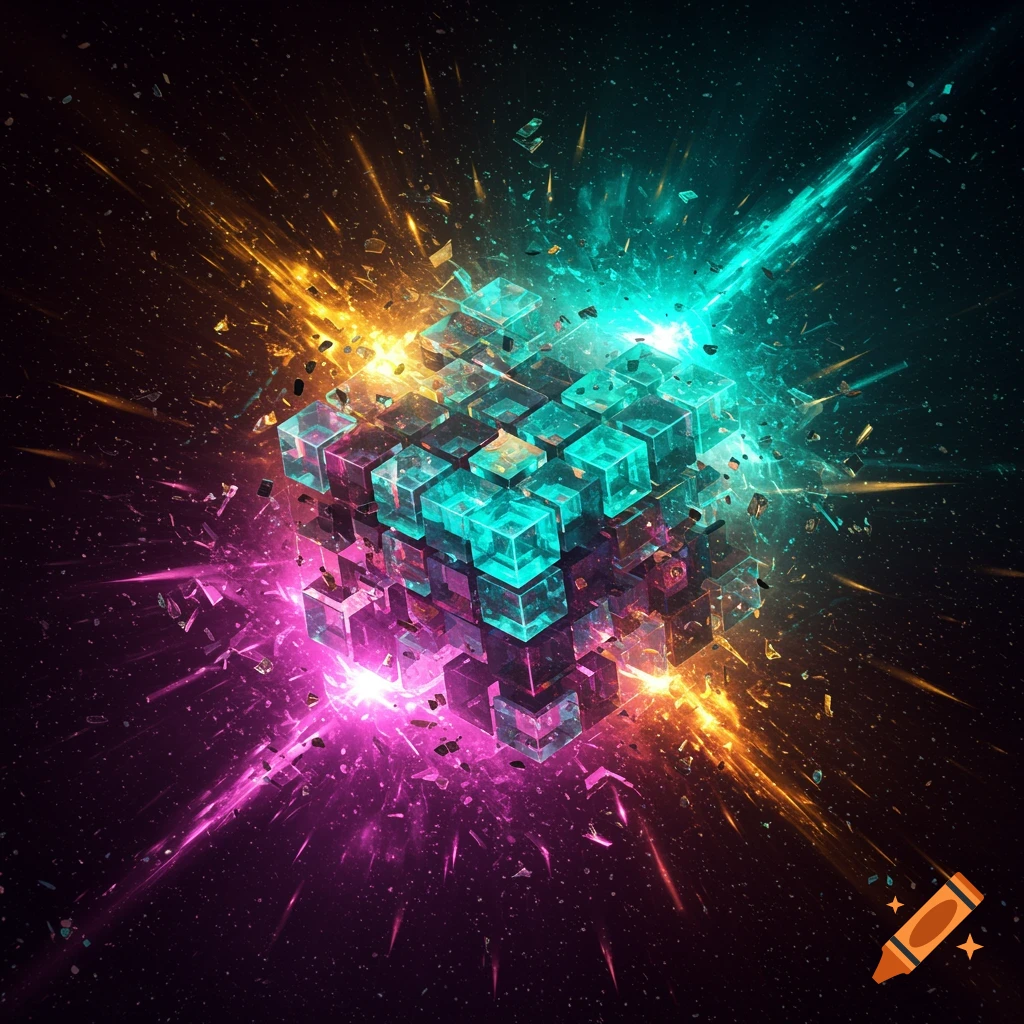 1024x1024 Vibrant abstract exploding hypercube, bursting with glowing teal, magenta, and orange geometric fragments against a dark background. on Craiyon