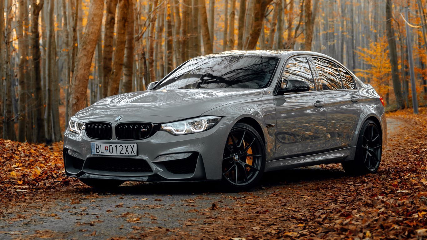 1366x768 Download wallpaper 1366x768 bmw m bmw, car, gray, side view, forest, autumn tablet, laptop HD background
