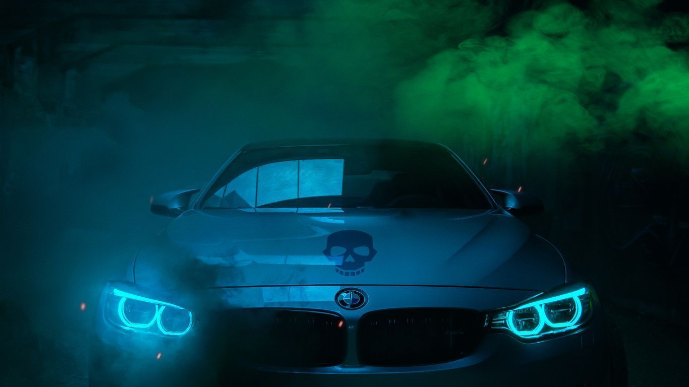 1366x768 Download Bmw, Headlights, Smoke, Front view, Glow Wallpaper in 1366x768 Resolution