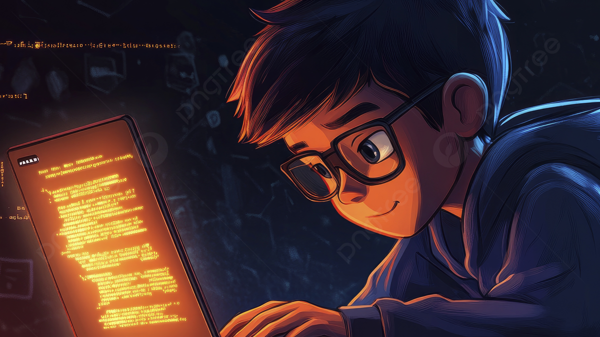 1200x675 A Cartoon Boy Wearing Glasses And Hoodie Is Coding On His Laptop Glow Of Code Lines Background, Boy, Laptop, Cartoon Background Image And Wallpaper for Free Download