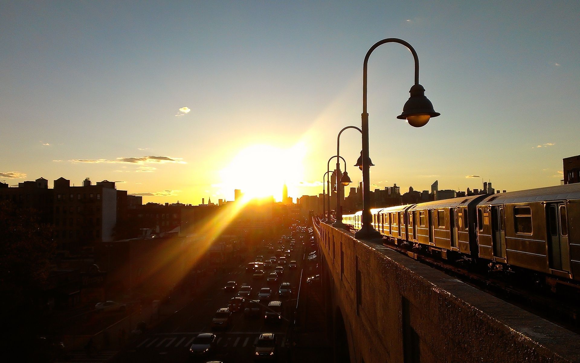 1920x1200 Wallpaper city, sunset, new york, nyc, rail, queens for mobile and desktop, section город, resolution 1920x1200