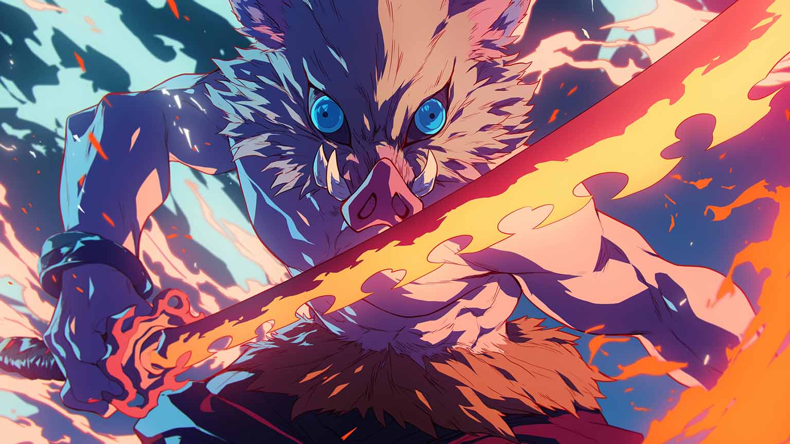 1536x864 Free Demon Slayer Inosuke Fiery Blade Desktop Wallpaper