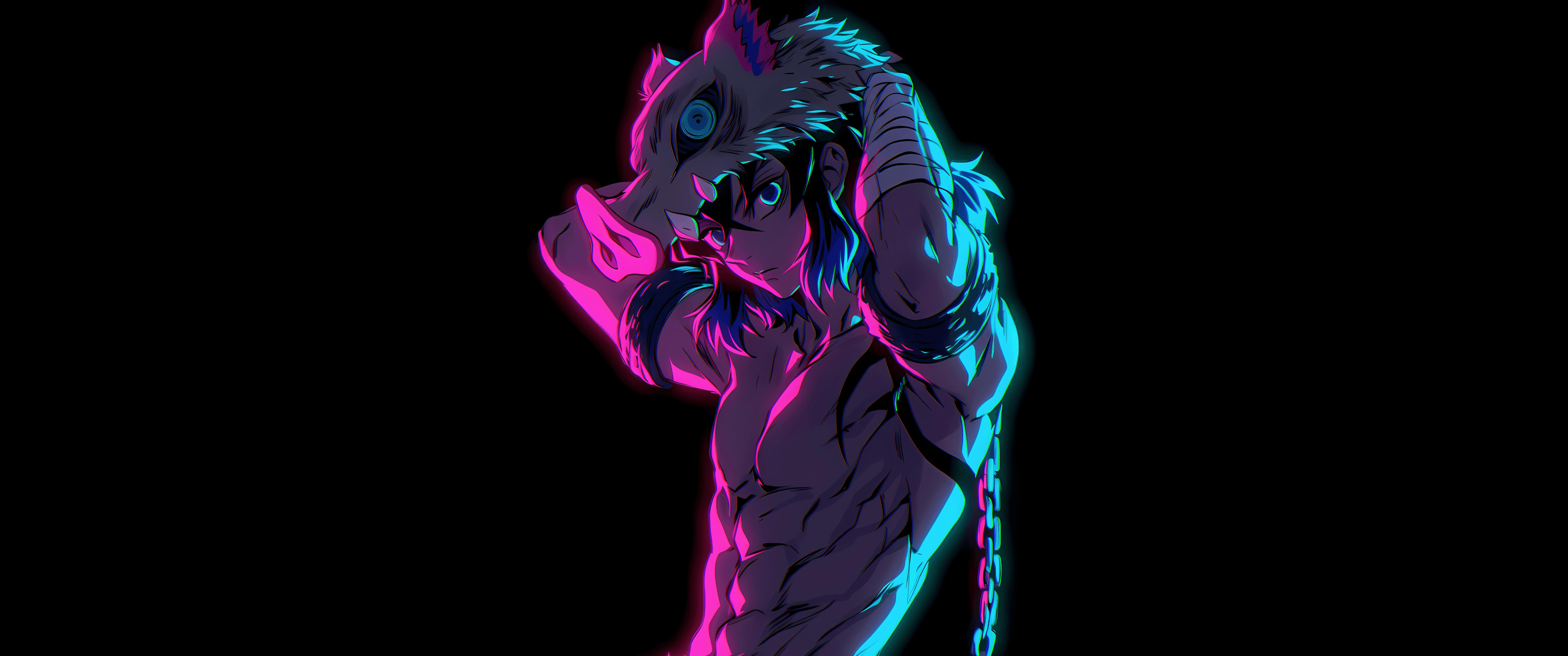 3440x1440 Inosuke Hashibira Wallpaper 4K, Neon glow, AMOLED