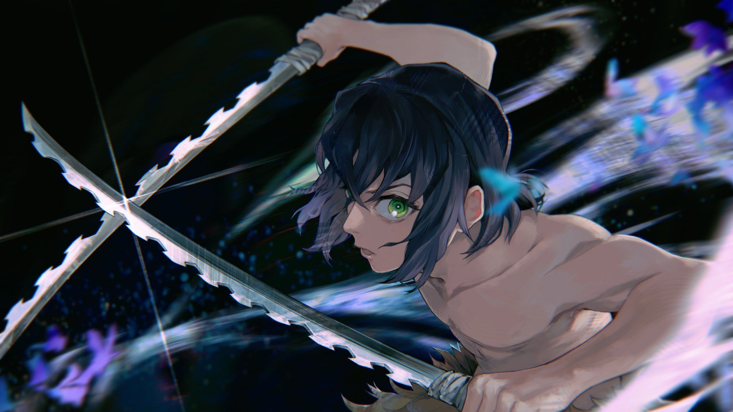 2560x1440 Demon Slayer Black Hair Inosuke Hashibira With Two Swords 4K HD Anime Wallpaper