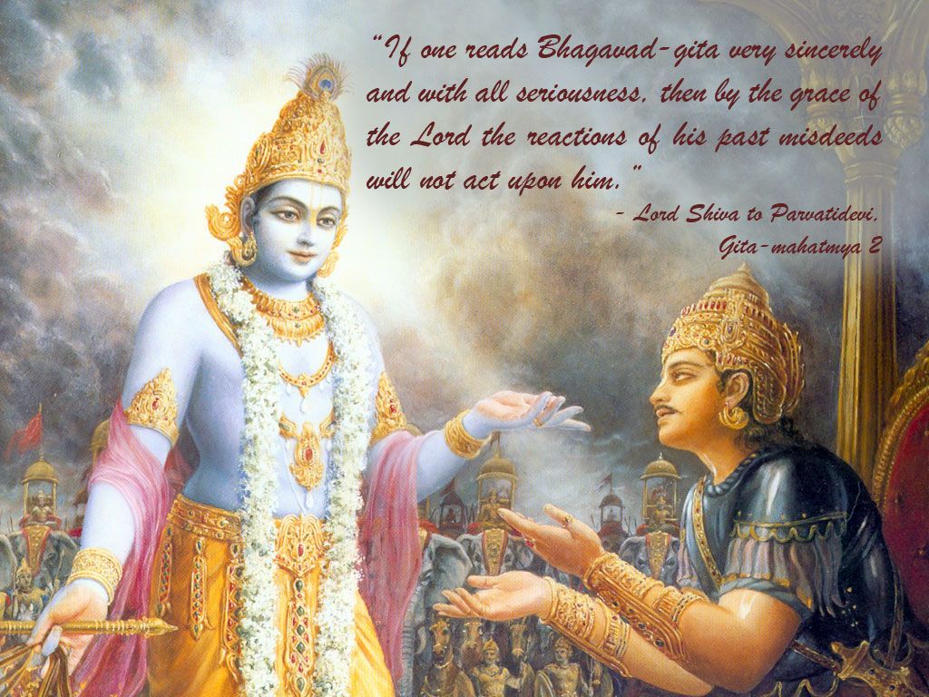 1024x768 Latest Krishna Wallpaper and Krishna picture: Wallpaper showing Lord Krishna managing the chariot in the battlefields of Mahabharata