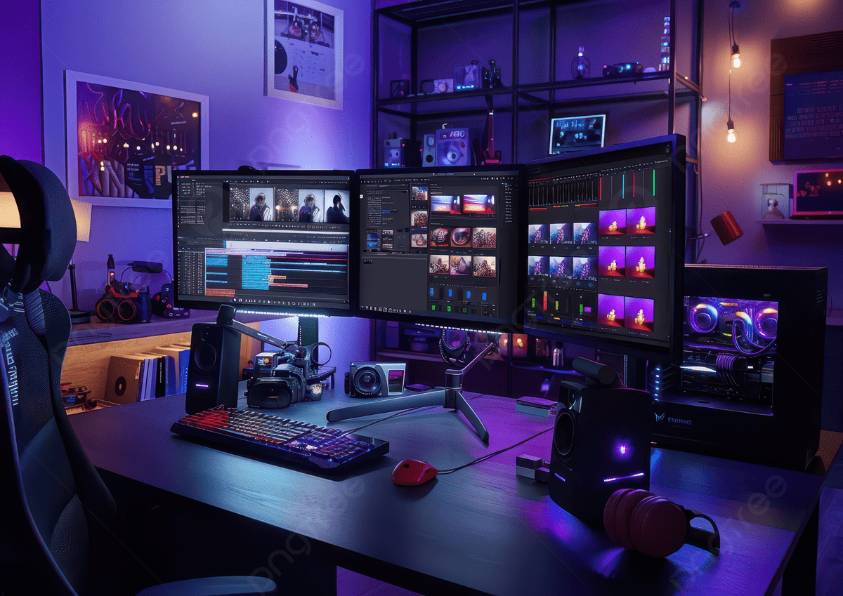 1200x849 A Modern Workspace With Multiple Screens For Video Editing And Content Creation, Workspace, Technology, Monitors Background Image And Wallpaper for Free Download