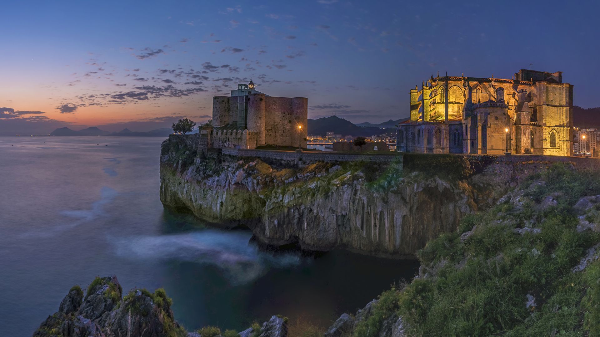 1920x1080 Photo Spain Castro Urdiales Cantabria Crag Castles Evening 1920x1080