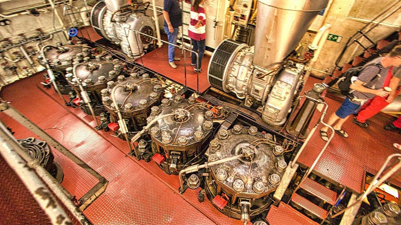 1280x720 Ship Diesel Engine Start Up in 8K HDR. Giant MAN Motor on MS Cap San Diego