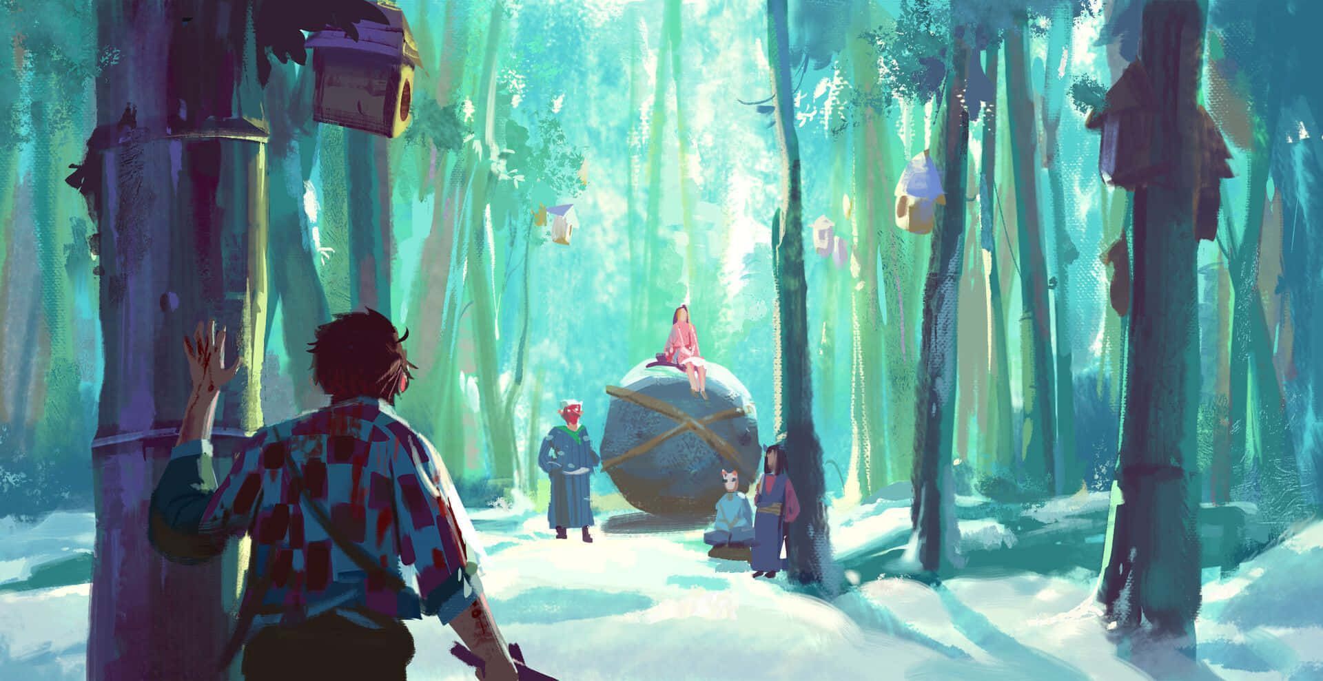 1920x989 Download Demon Slayer Scenery Forest Characters Wallpaper