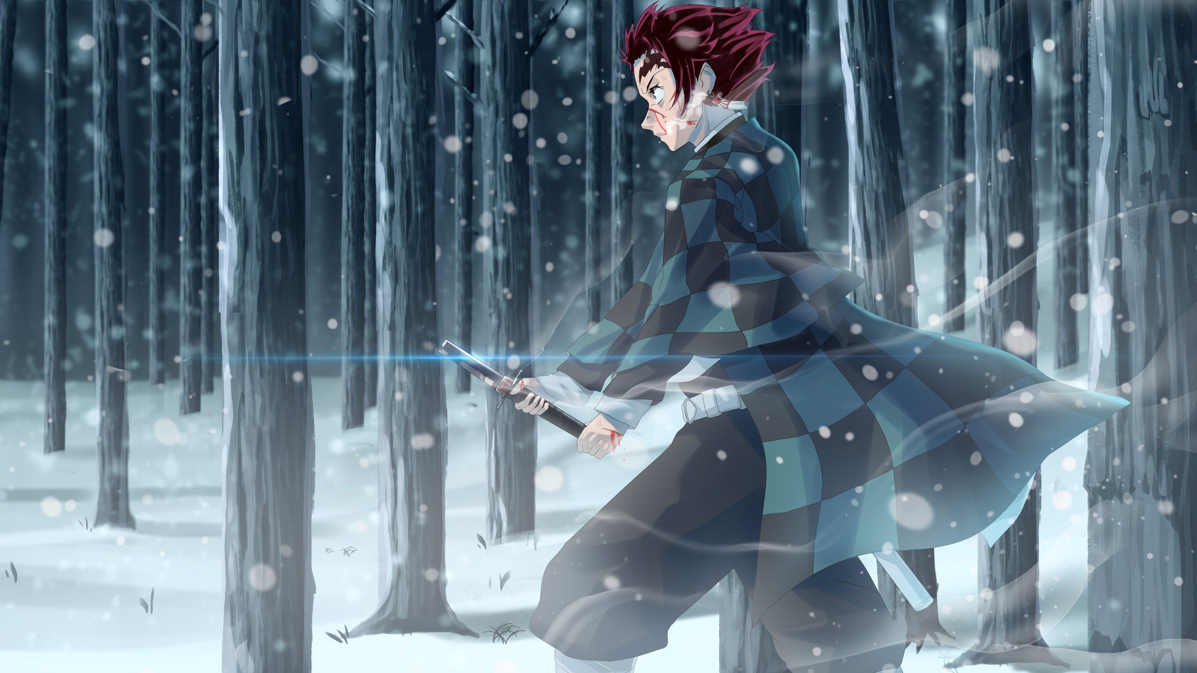 3840x2160 Demon Slayer Tanjiro Kamado With Sword On Snow Covered Forest With Background Of Trees 4K HD Anime Wallpaper