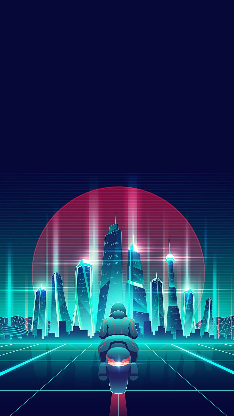 800x1422 Tron, Kiss, blue, city, dark, green, moon, motorcycle, movie, neon, perspective, HD phone wallpaper