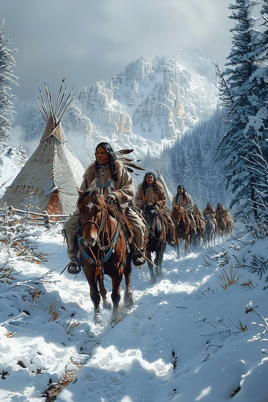 896x1344 Winter with the Warriors Native American Horse Canvas