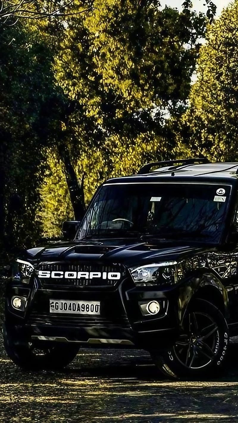 800x1421 Black Scorpio, Trees Background, black car, HD phone wallpaper