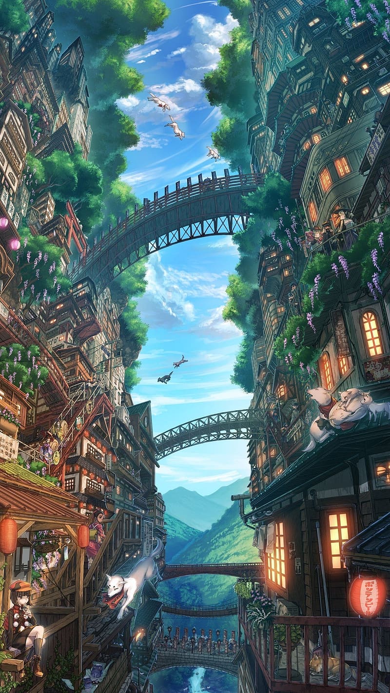 800x1422 Anime Scenery With Bridges, anime scenery, bridges, mountains, animation, greenery, HD phone wallpaper