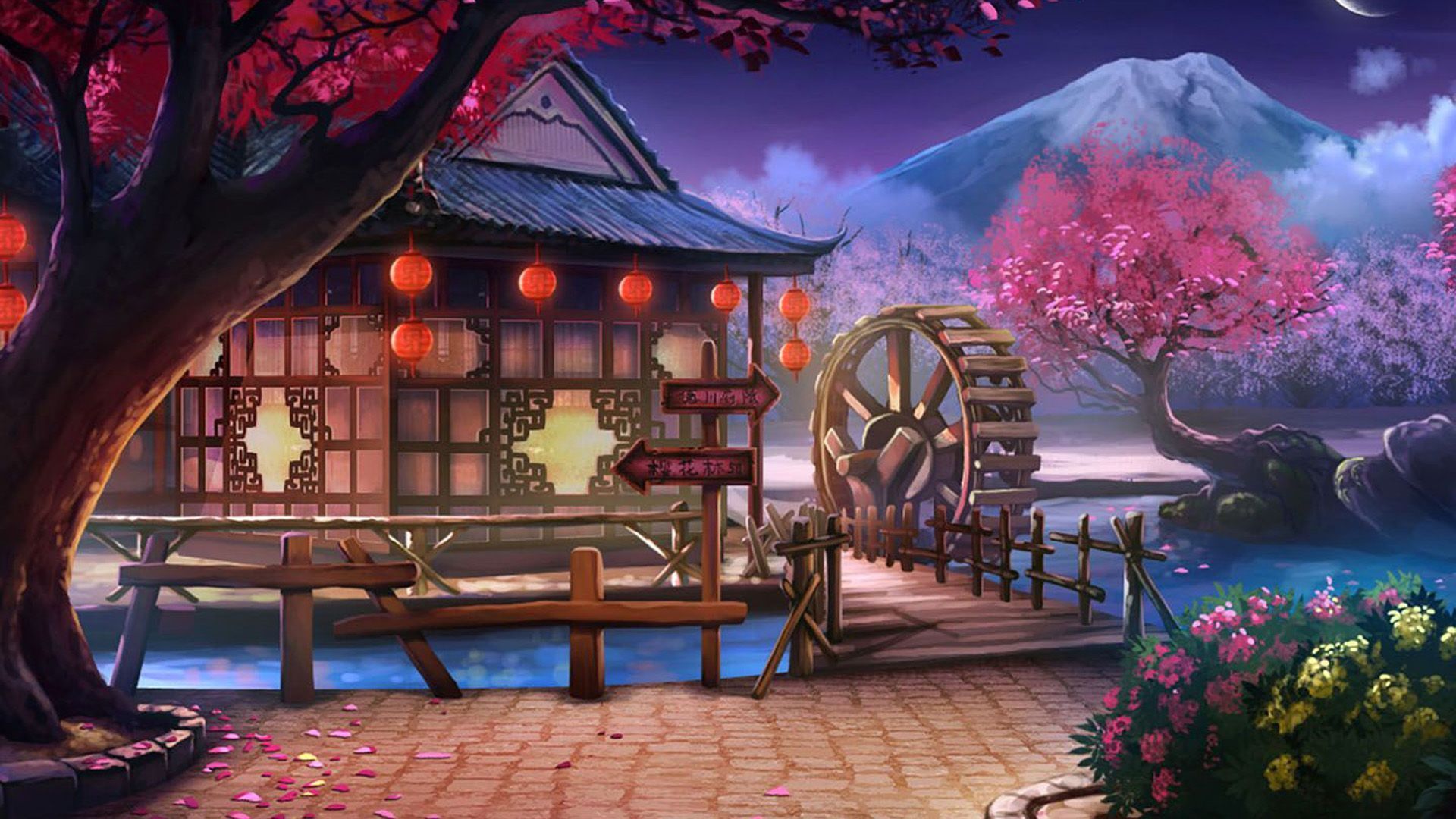 1920x1080 Wood House Pink Cherry Blossom Flowers Snow Mountain Anime Background HD Anime Background Wallpaper