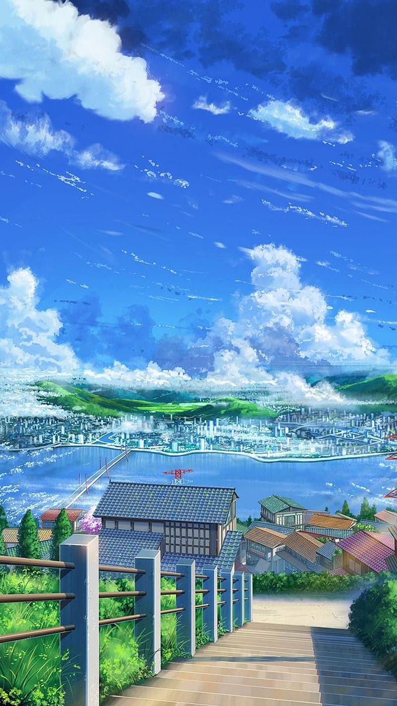 800x1422 Anime Scenery With Water, anime scenery, water, steps, grass, sky, animation, HD phone wallpaper