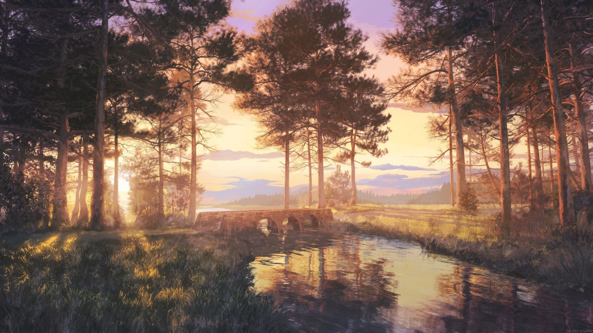 1920x1080 Green Trees Bridge Grass River Reflection Anime Background HD Anime Background Wallpaper