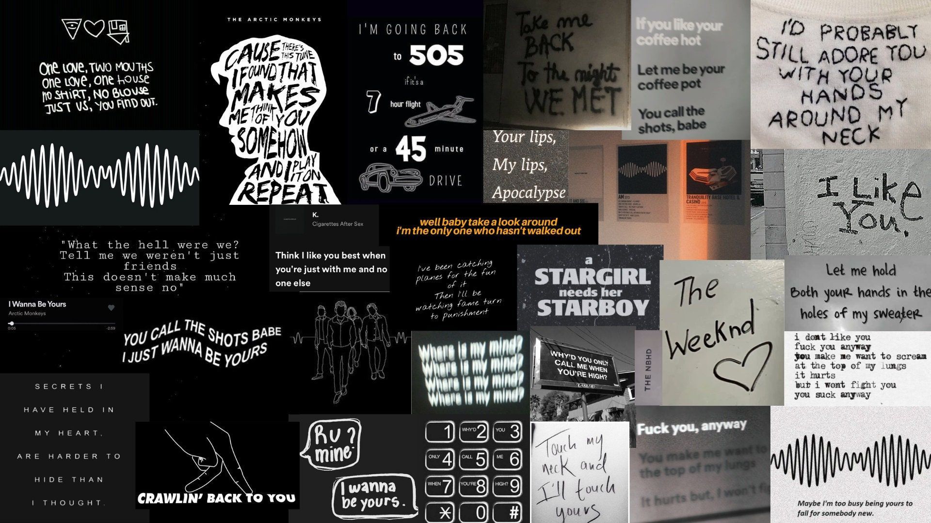 1920x1080 Black and White Aesthetic Wallpaper with song lyrics