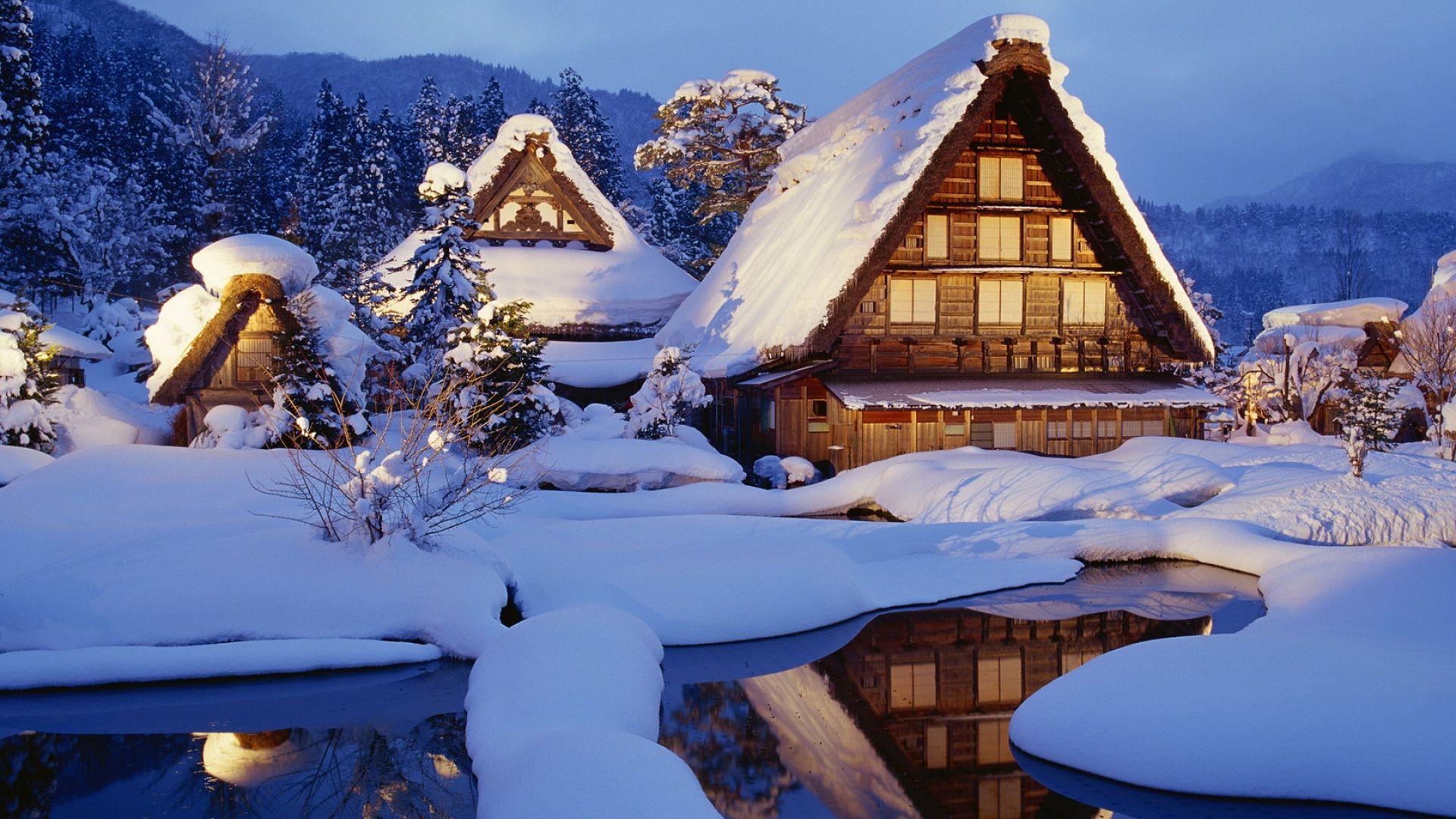 1920x1080 Download Wallpaper 1920x1080 winter, snow, lodges, lake, light
