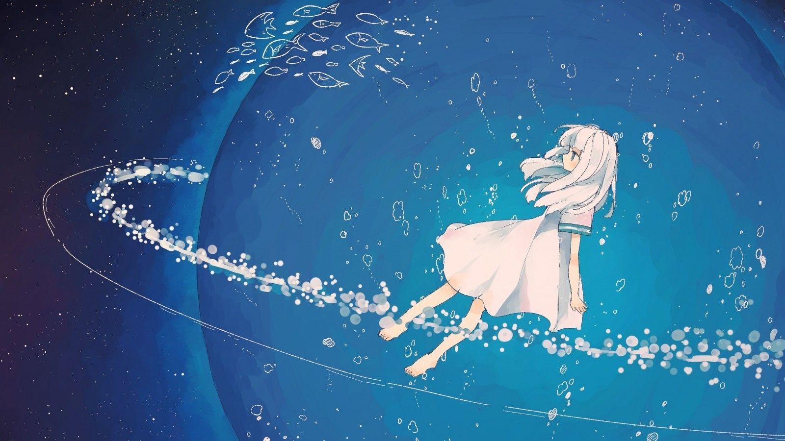 1600x900 Download 1600x900 Anime Girl, Floating, Galaxy, Stars, White Dress