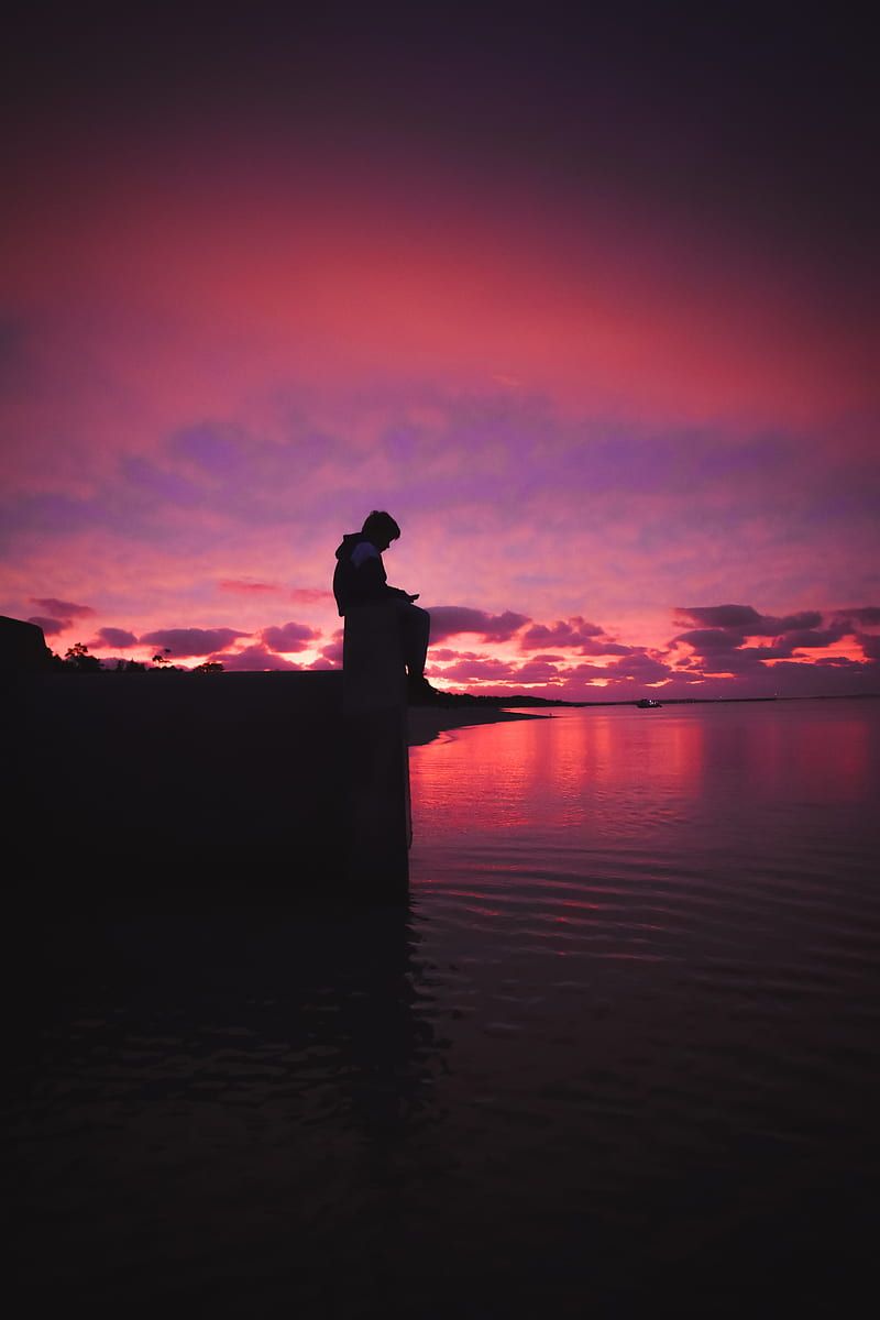 800x1200 Silhouette, alone, sad, sea, clouds, sunset, dark, HD phone wallpaper