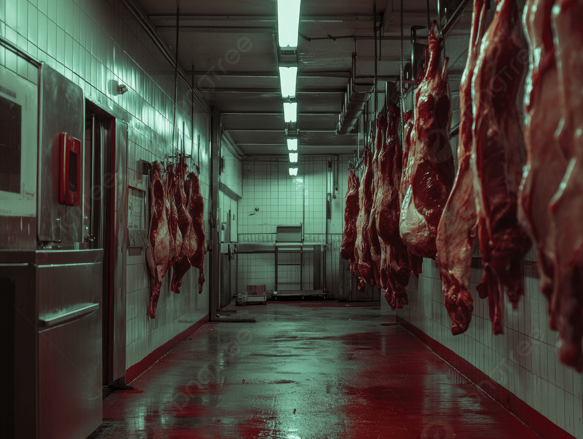 1200x904 A Meat Processing Room With Hanging Animal Carcasses On The Wall Blood Floor Background, Meat, Butcher, Fresh Background Image And Wallpaper for Free Download