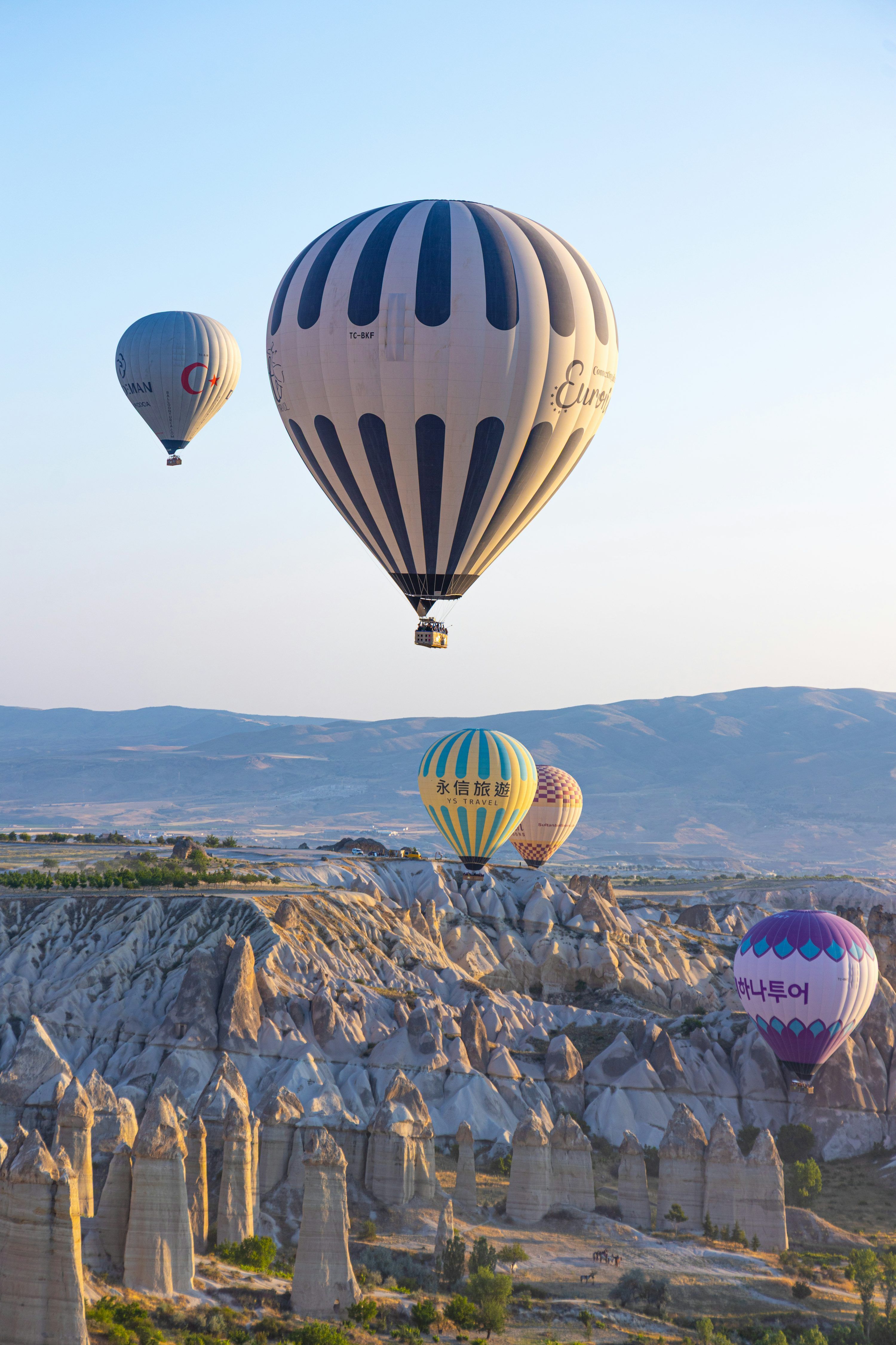 3000x4500 Hot air balloons float over a beautiful, rocky landscape. photo
