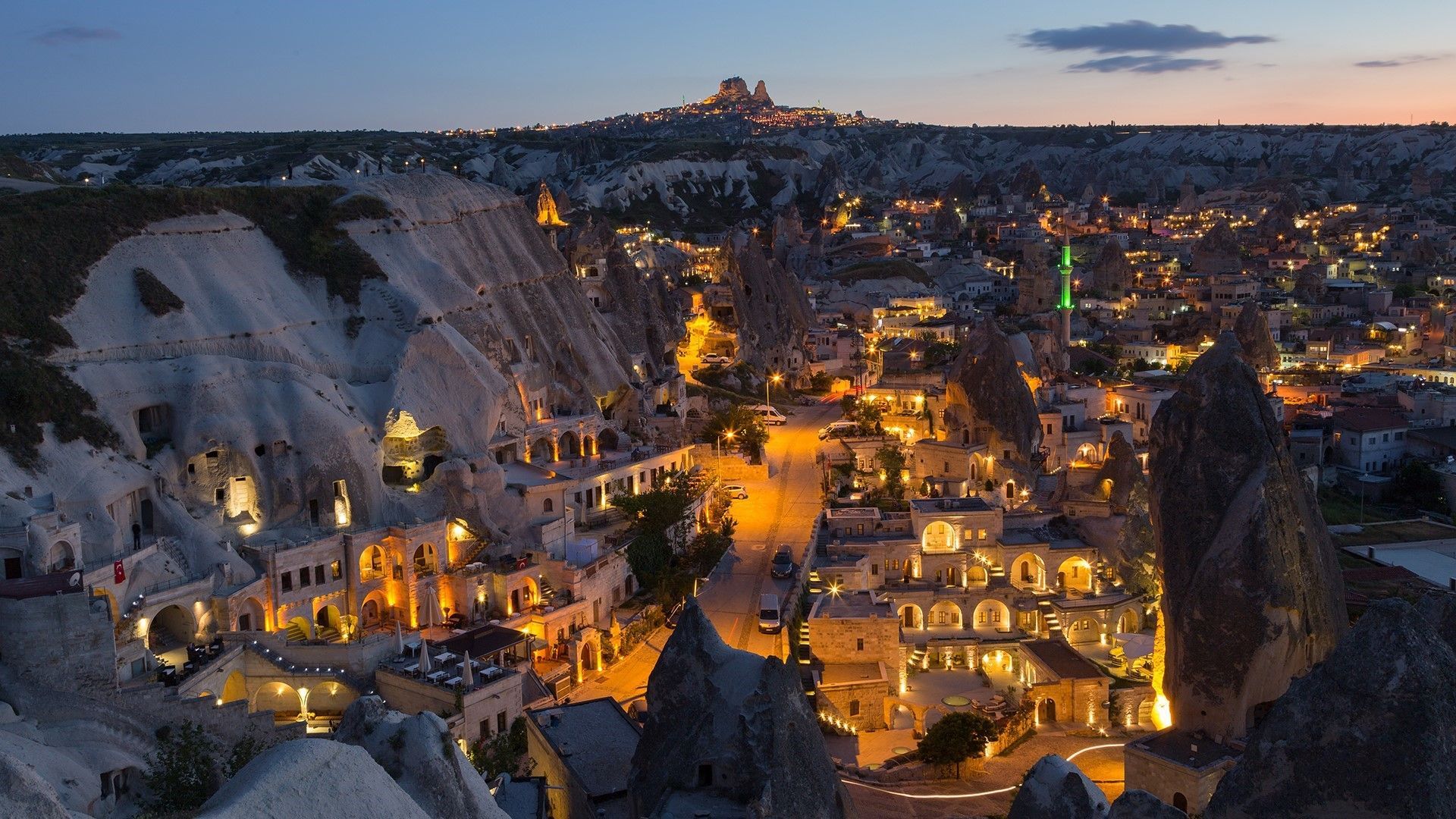1920x1080 clouds, town, plants, Göreme, rocks, Turkey, landscape, sky, lights, Cappadocia, house, car, HD Wallpaper