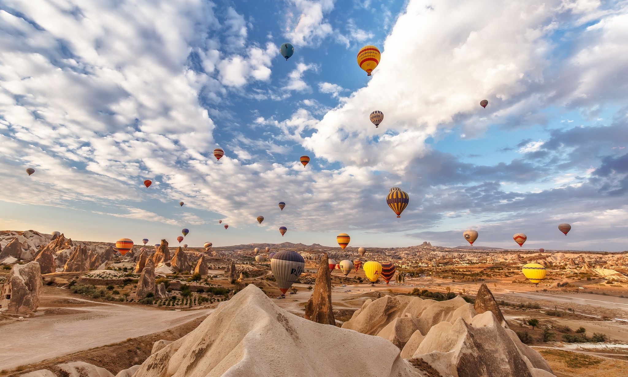 2048x1231 Download Horizon Cloud Sky Turkey Desert Landscape Vehicle Hot Air Balloon HD Wallpaper