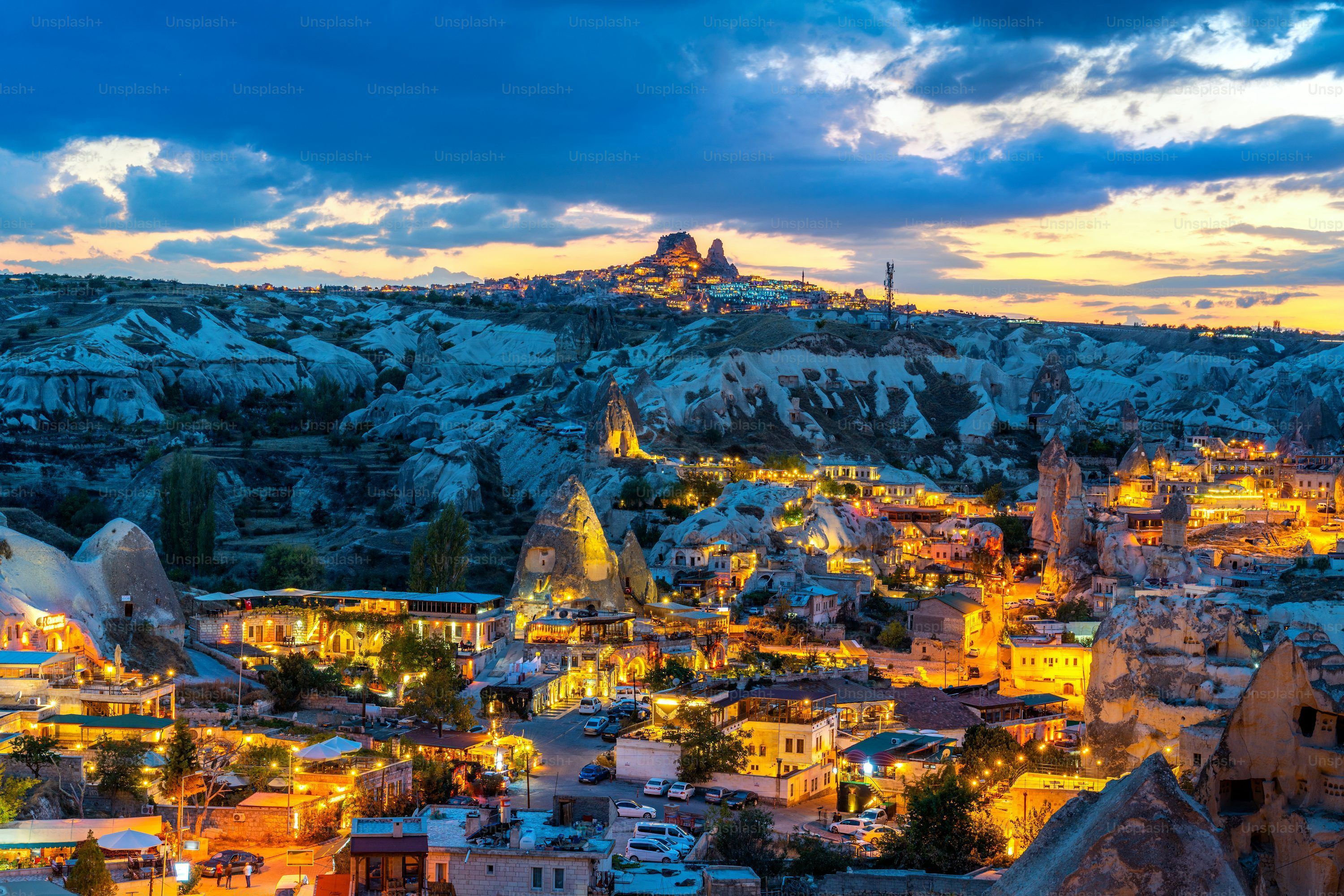 3000x2001 Goreme town at twilight in Cappadocia, Turkey. photo