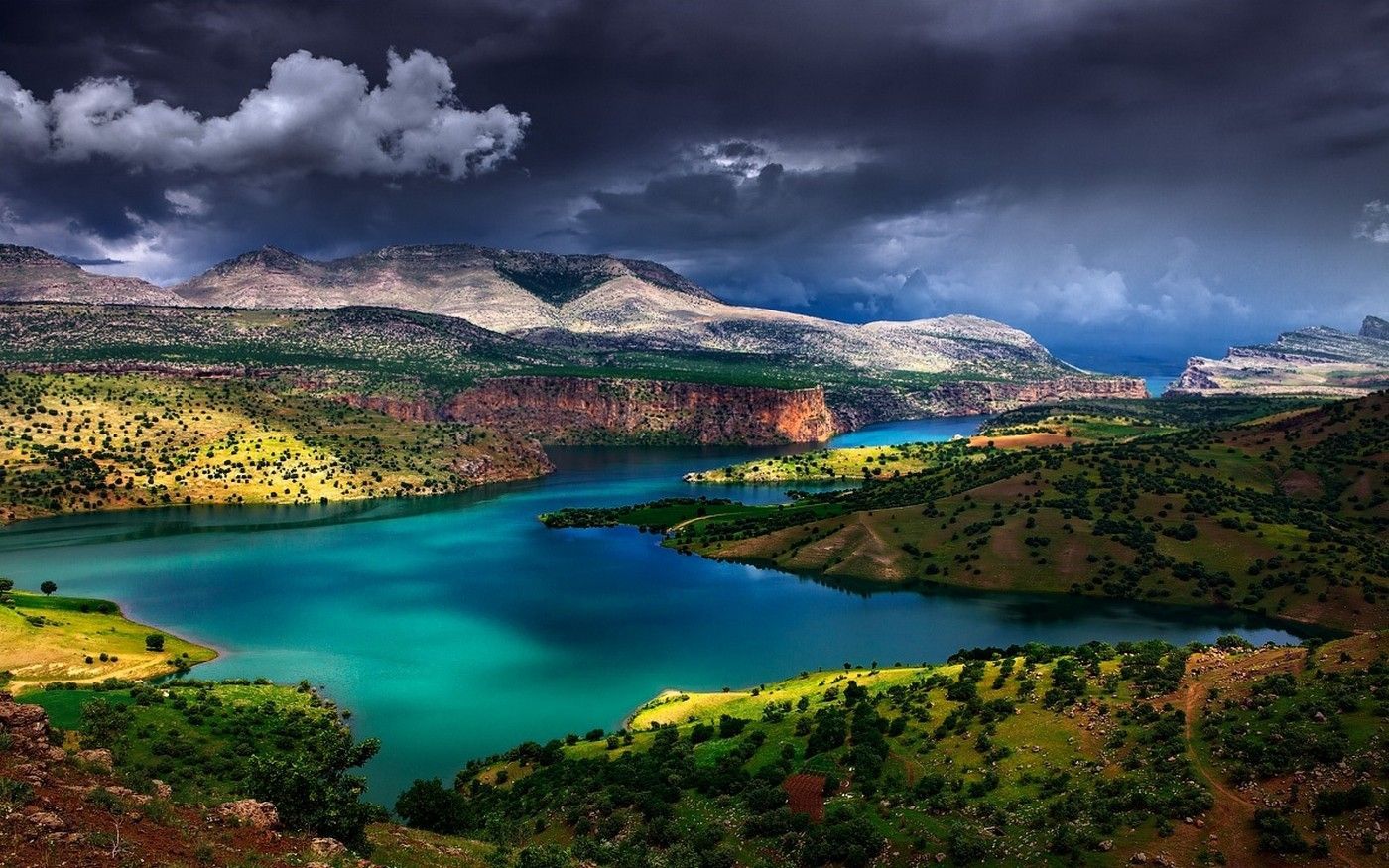 1400x875 mountains, water, turquoise, river, landscape, shrubs, grass, clouds, nature, Turkey, Euphrates, HD Wallpaper
