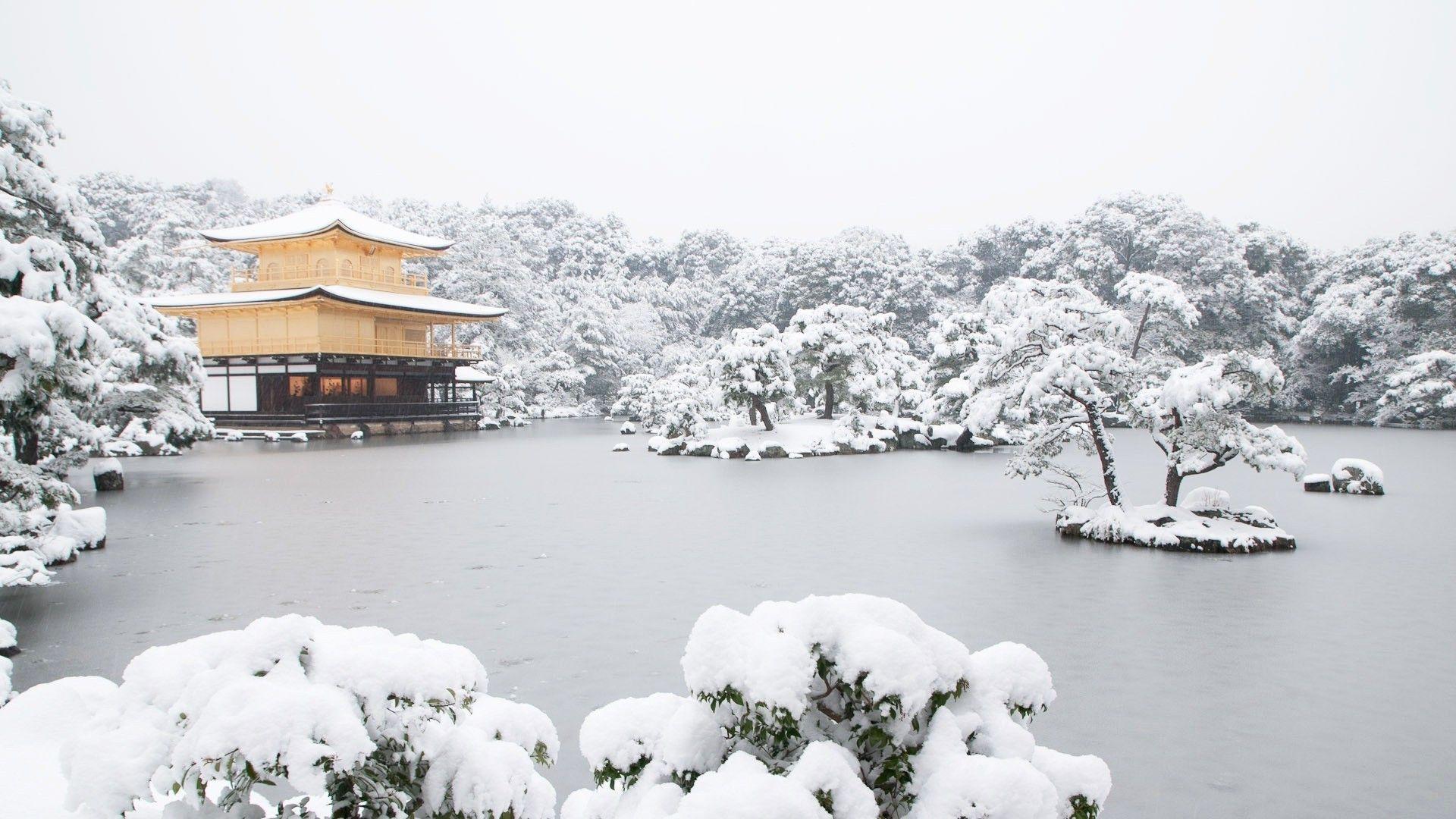 1920x1080 Japan, Temple, Lake, Snow Wallpaper HD / Desktop and Mobile Background