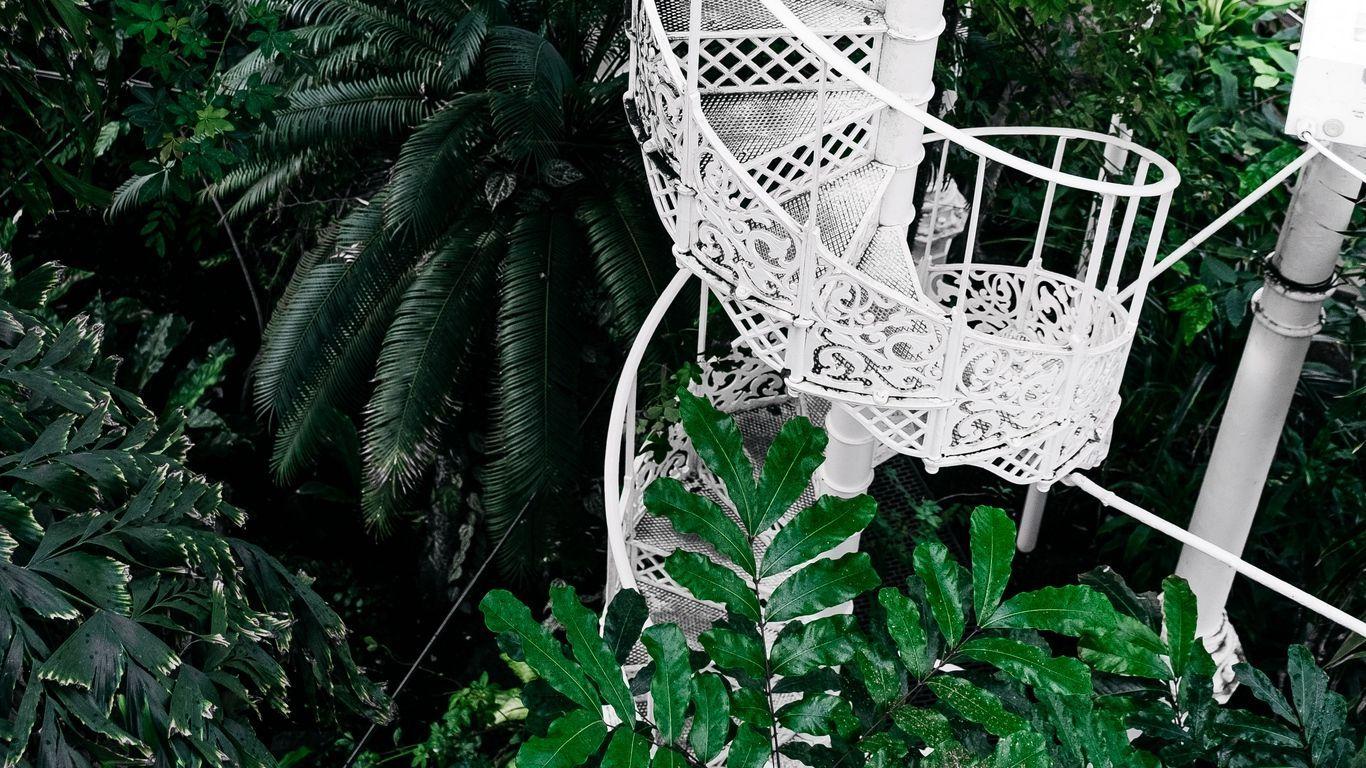 1366x768 Download wallpaper 1366x768 staircase, circular, botanical garden