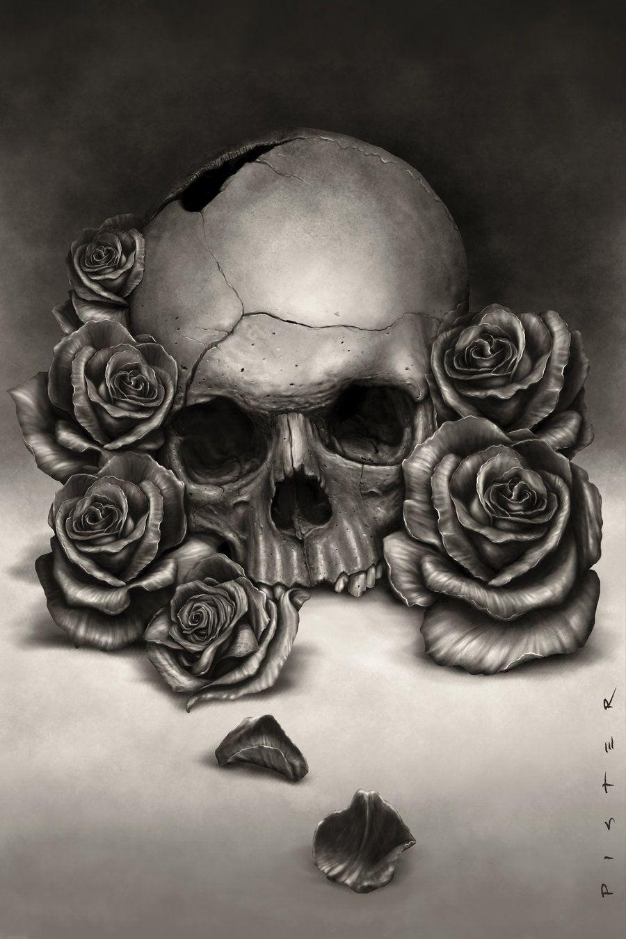 prompthunt a badass guns and roses digital art wallpaper on a black  background crimson highlights skull and crossbones red roses intricate  illustration